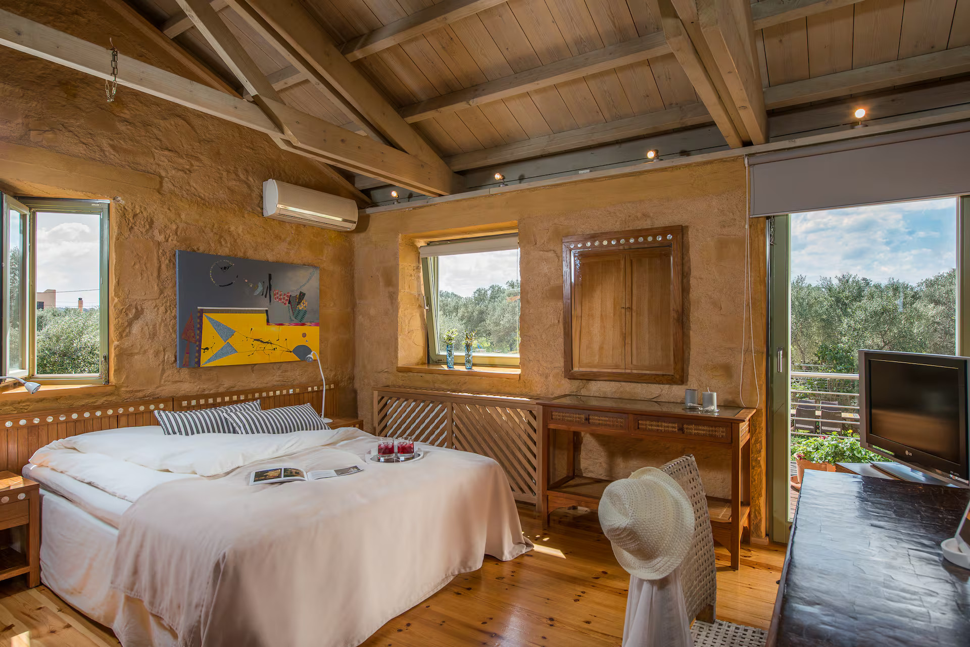 bedroom rustic chic decor stone house in Crete Villa Dimi bedroom rustic chic decor stone house in Crete Villa Dimi