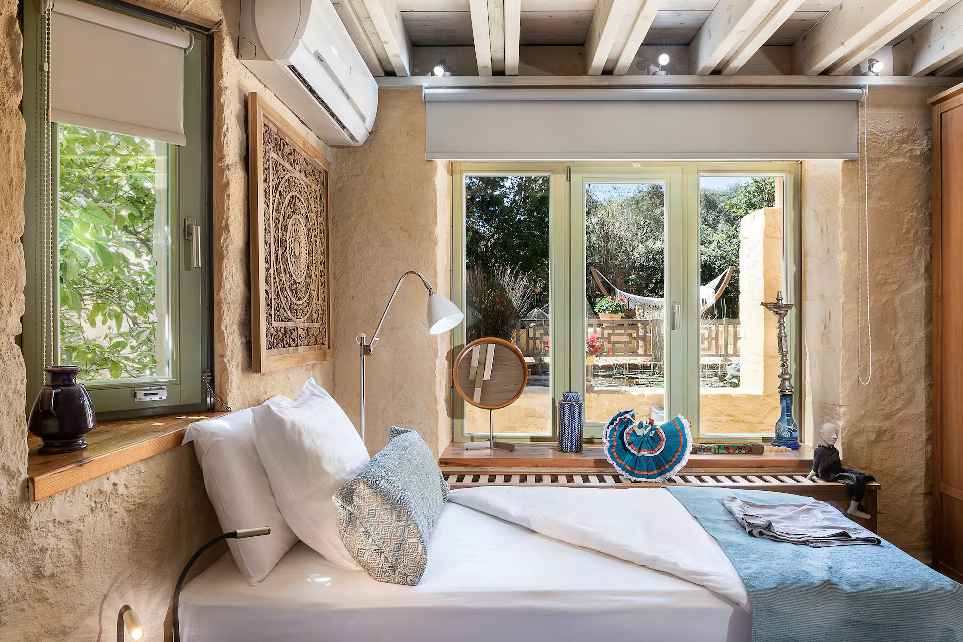 bedroom rustic chic decor stone house in Crete Villa Dimi bedroom rustic chic decor stone house in Crete Villa Dimi