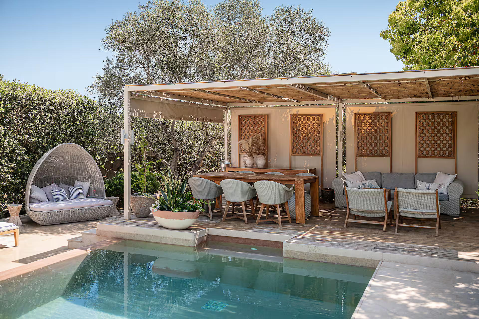 outdoor dining room stone house with swimming pool in Crete Villa Dimi outdoor dining room stone house with swimming pool in Crete Villa Dimi