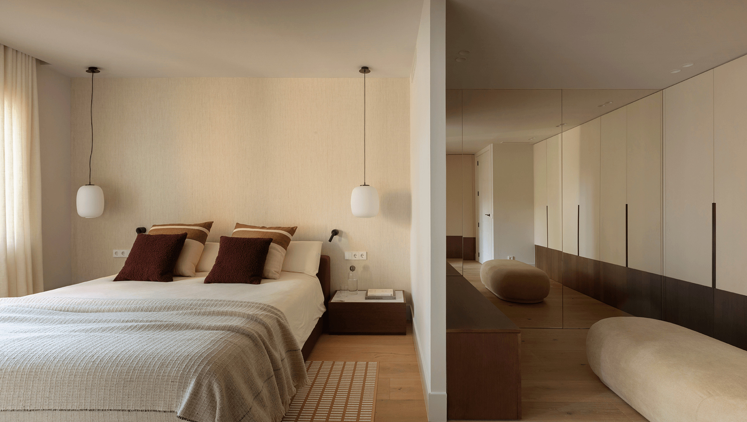 walkin wardrobe and bedroom beige design