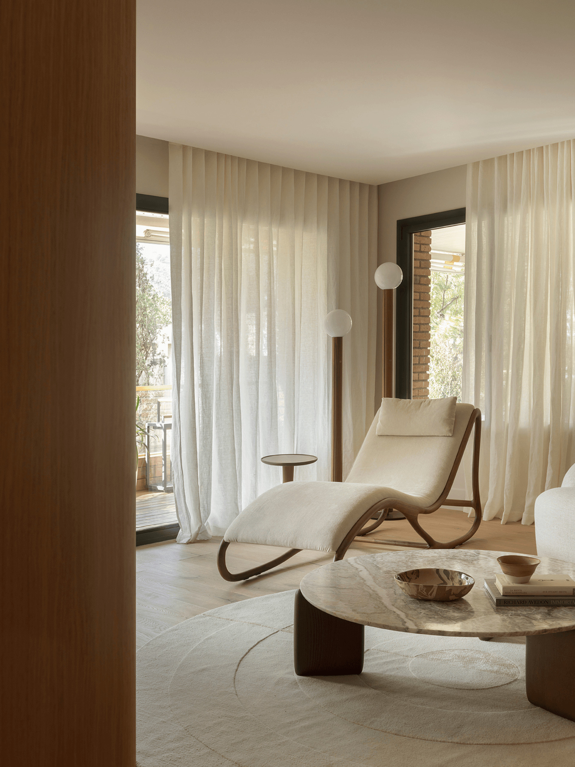Living room with french windows, contemporary beige decor