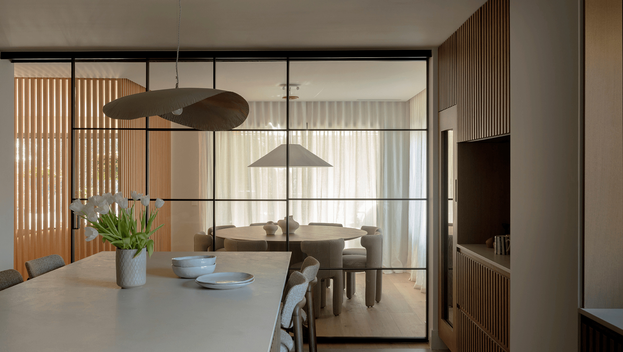 dining room and kitchen contemporary beige decor