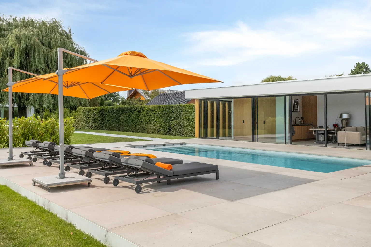 jardin avec piscine et pool house