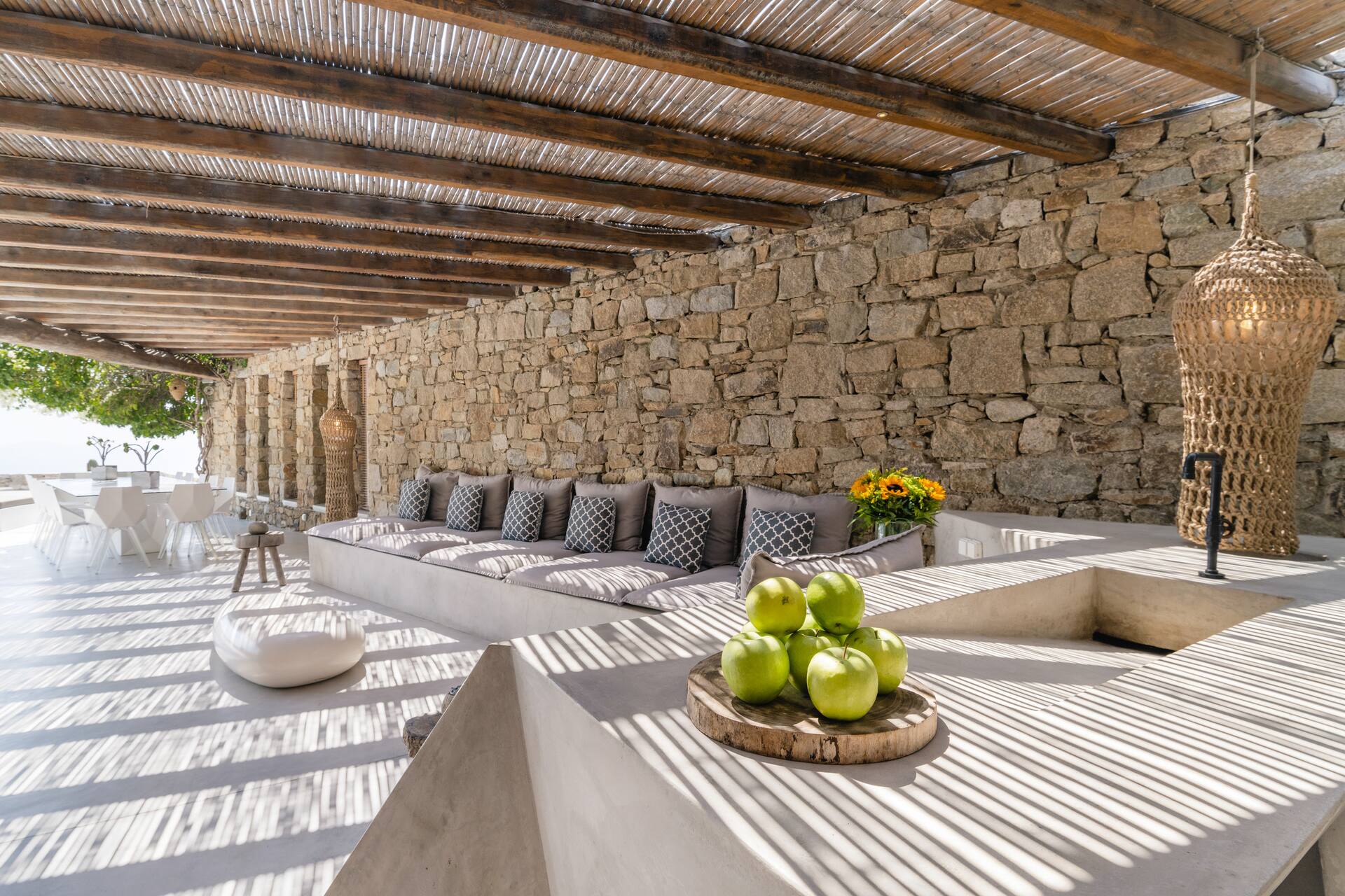 terrace with wooden pergola Mykonos house with swimming pool contemporary decor terrace with wooden pergola Mykonos house with swimming pool contemporary decor