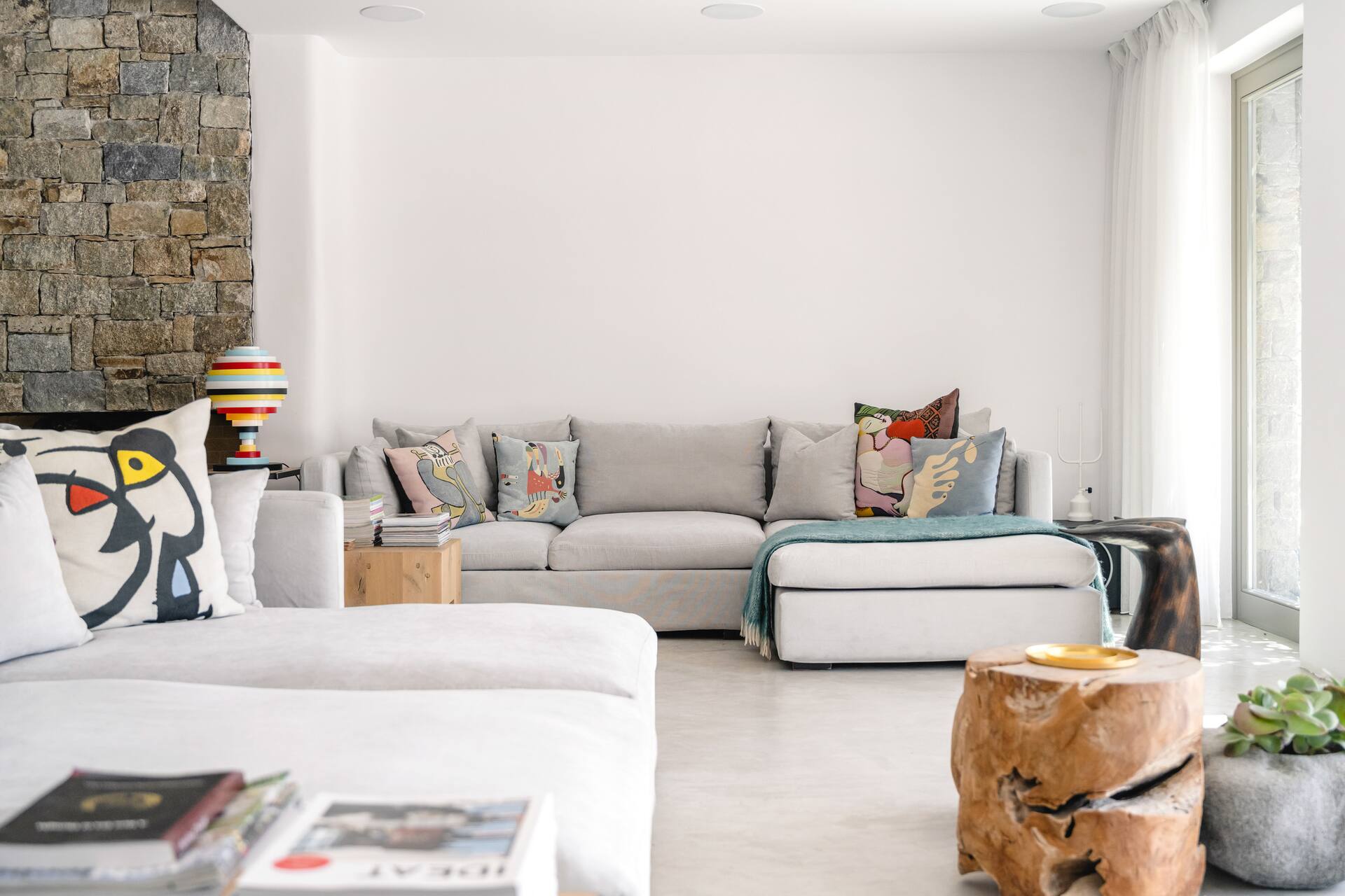 living room Mykonos house with swimming pool contemporary decor living room Mykonos house with swimming pool contemporary decor
