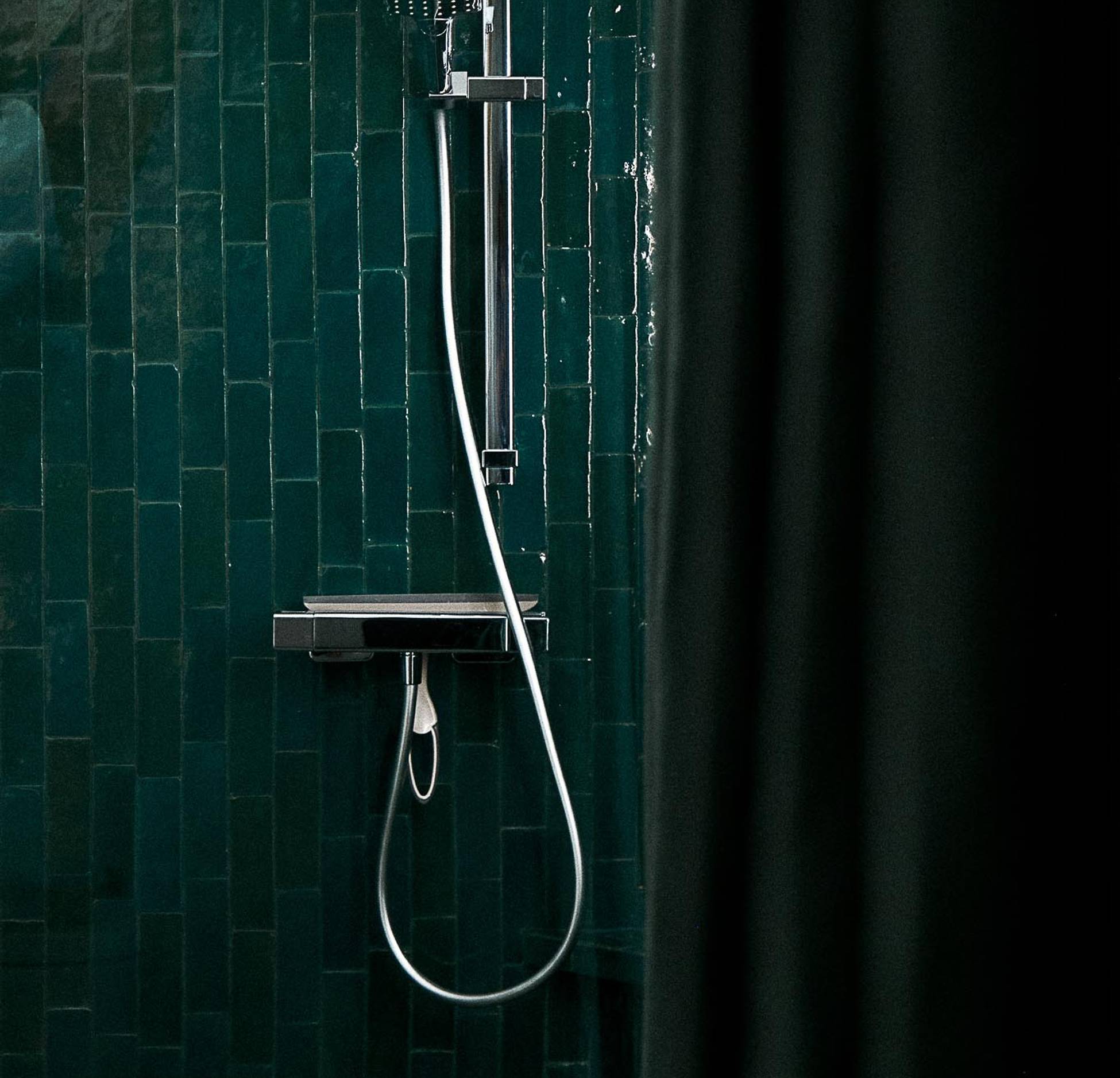 green bathroom with zelliges tiles Hameau de Sol Sologne French countryside green bathroom with zelliges tiles Hameau de Sol Sologne French countryside