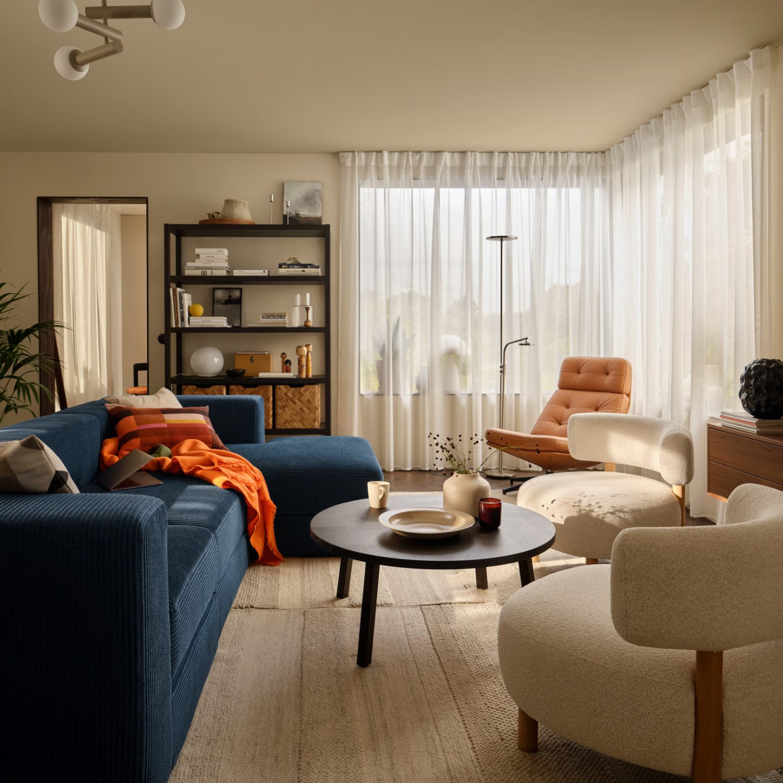 salon décoration contemporaine canapé bleu velours