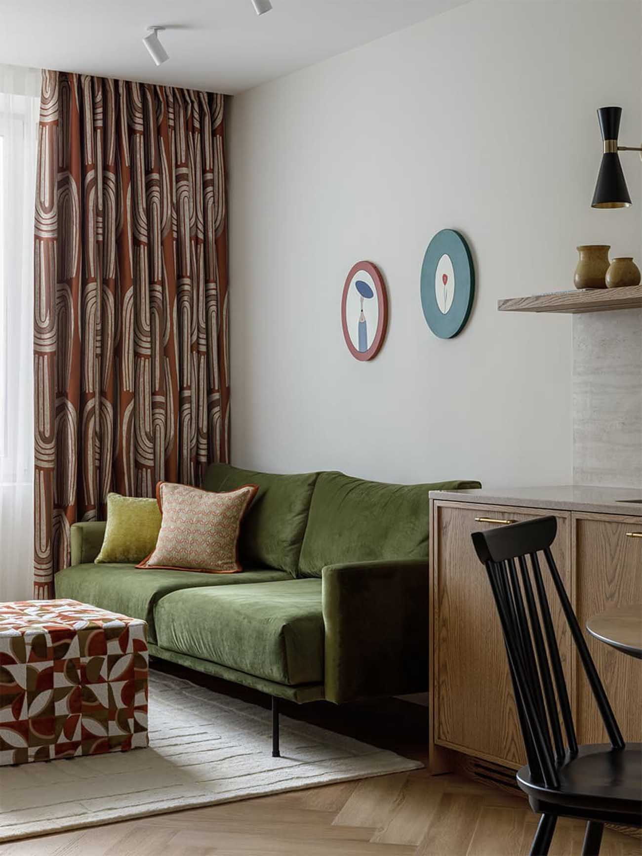 living room green sofa contemporary decoration two-room apartment of 37m2