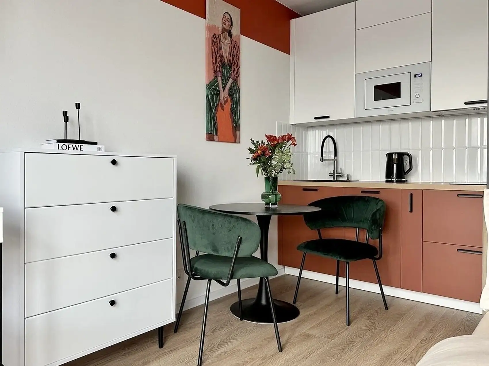 green and terracotta kitchen 19m2 studio coloured decor