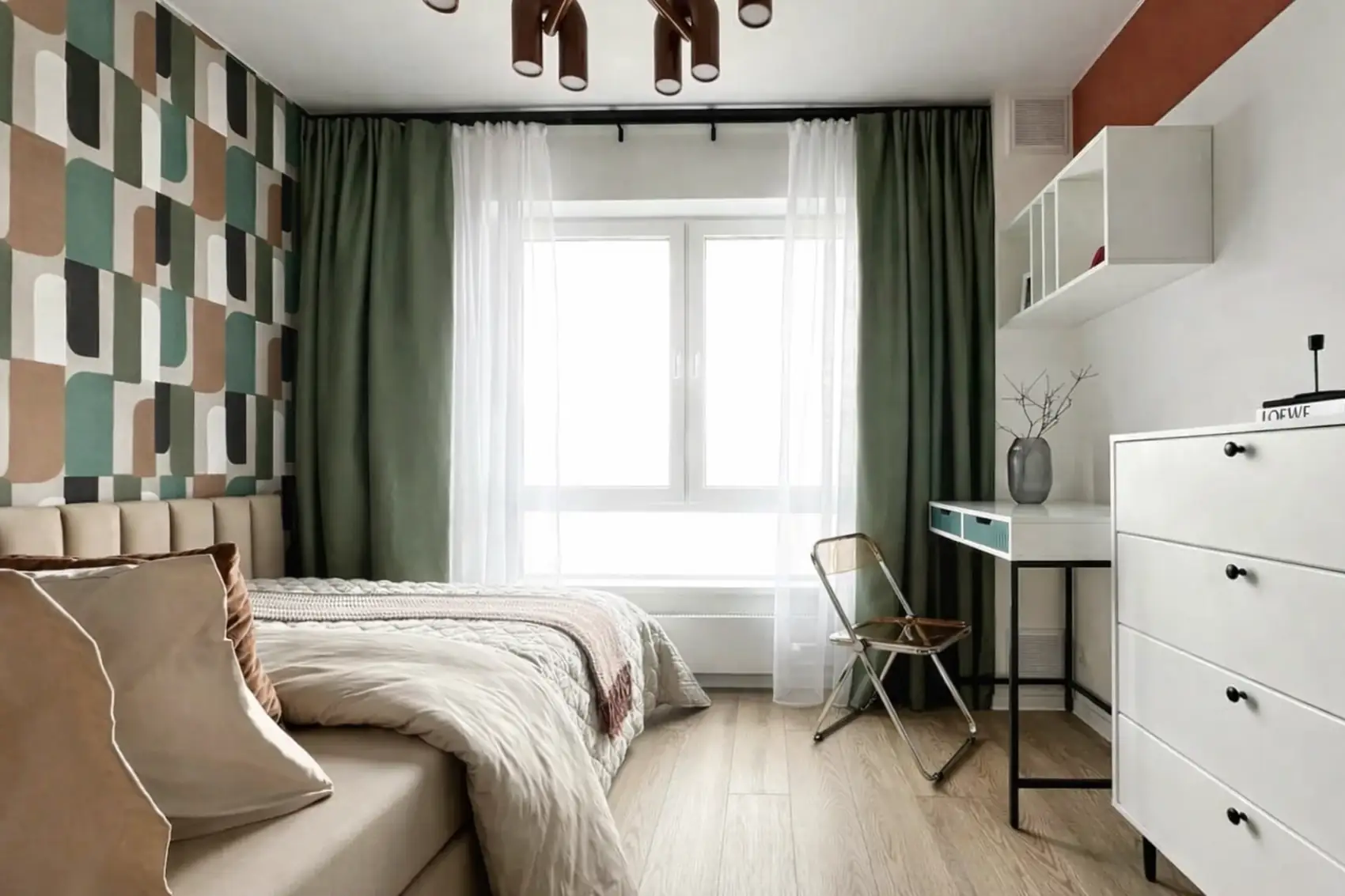 desk and bedroom with glazed partition and wallpaper small flat