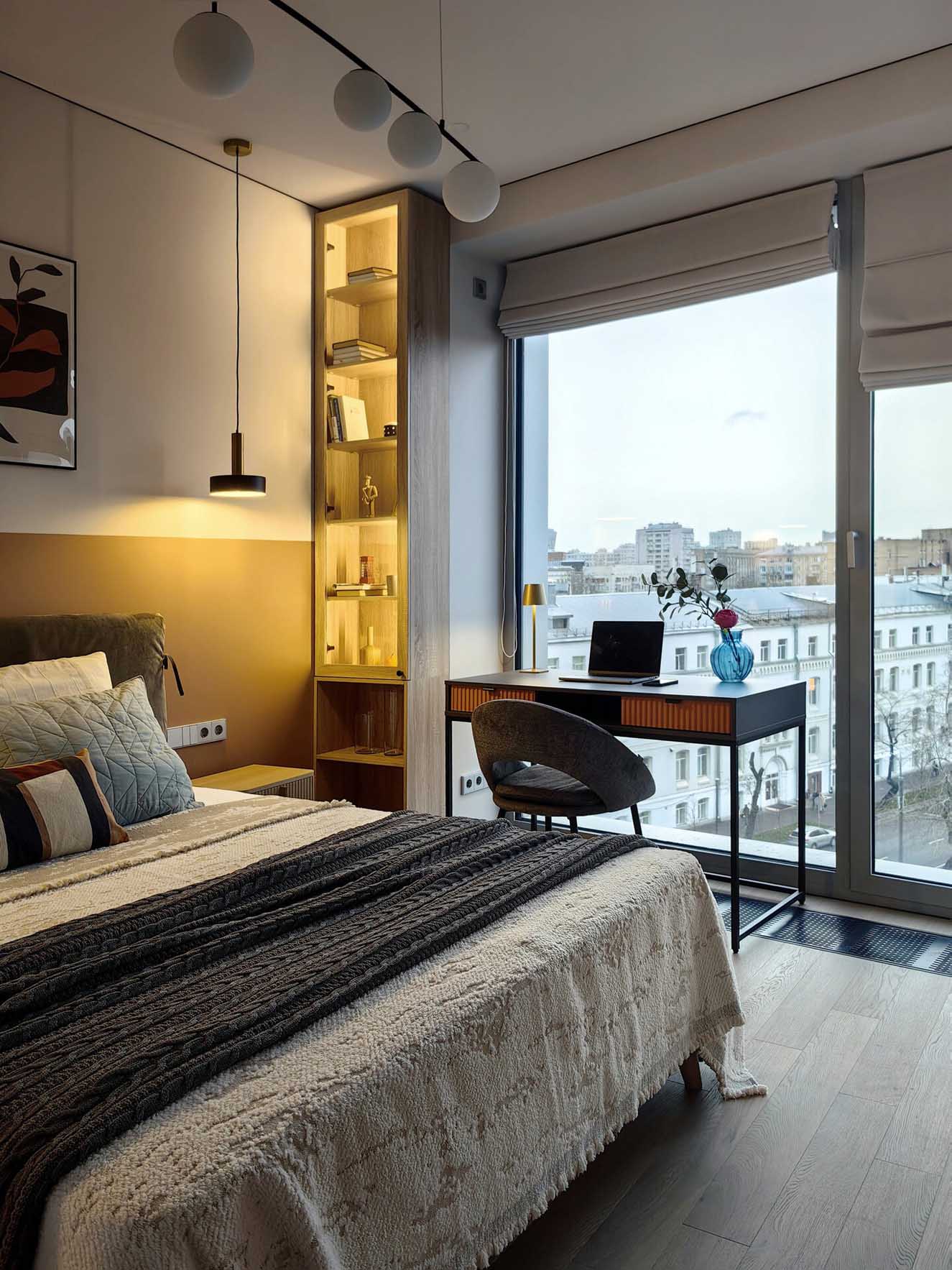 bedroom with desk and bay window contemporary decor 34m2 two-room bedroom with desk and bay window contemporary decor 34m2 two-room