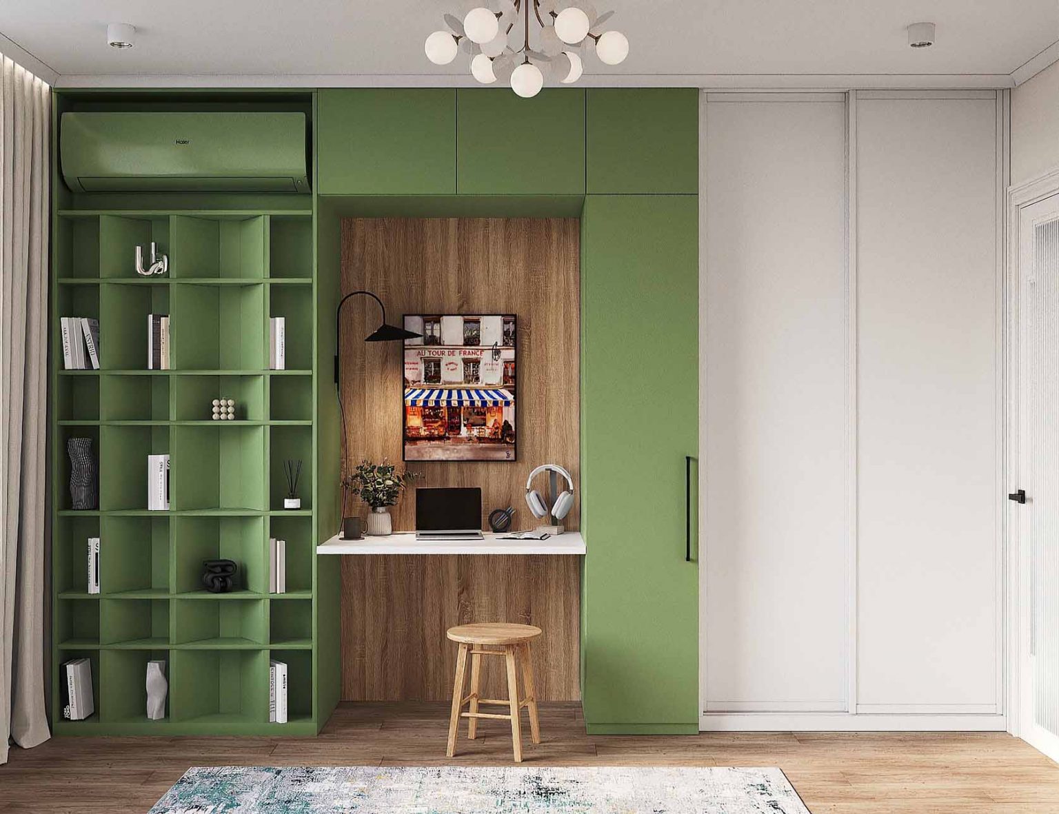 chambre avec espace bureau décoration contemporaine petit appartement 54m2 pour 4