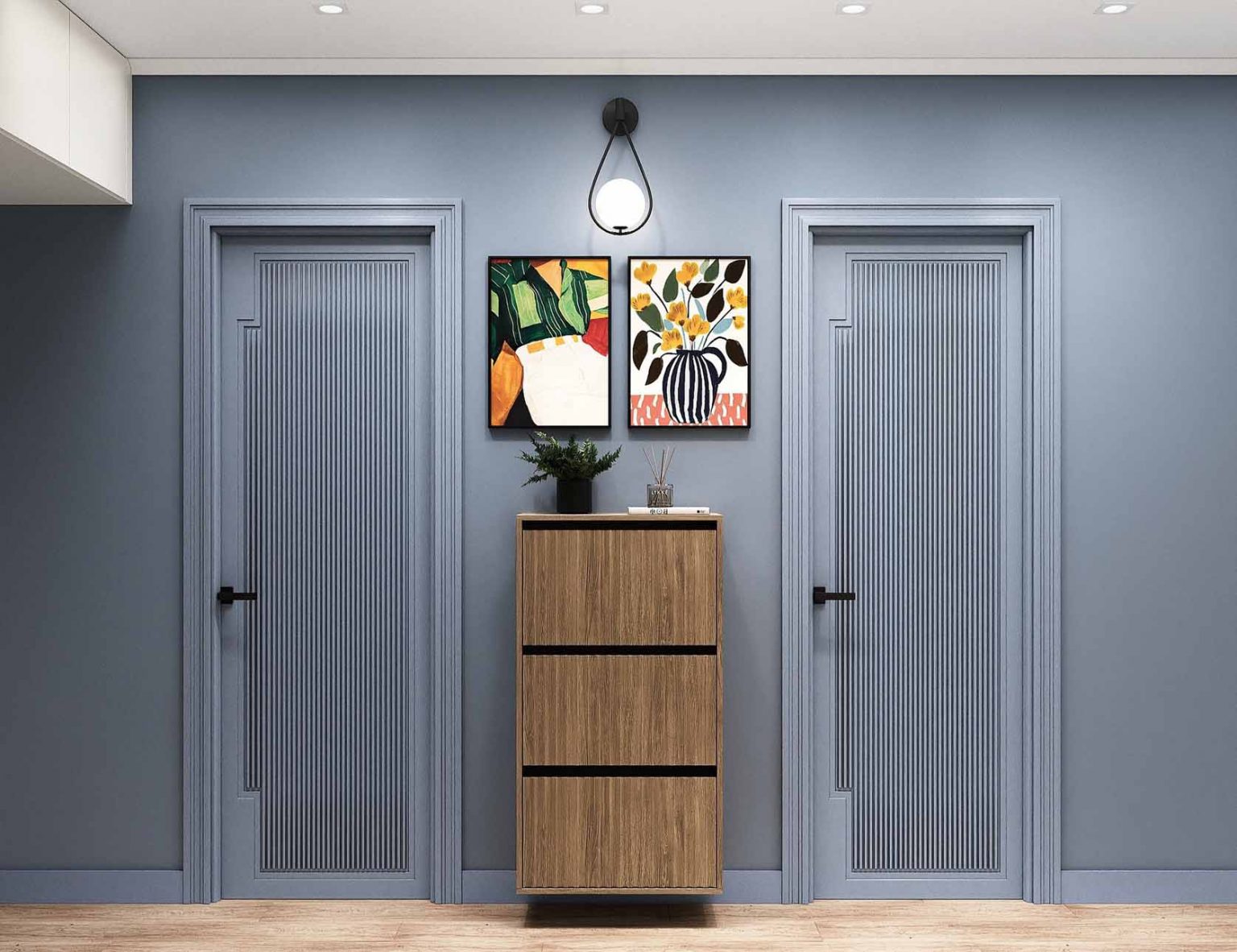 entrée murs bleus petit appartement 54m2 pour 4