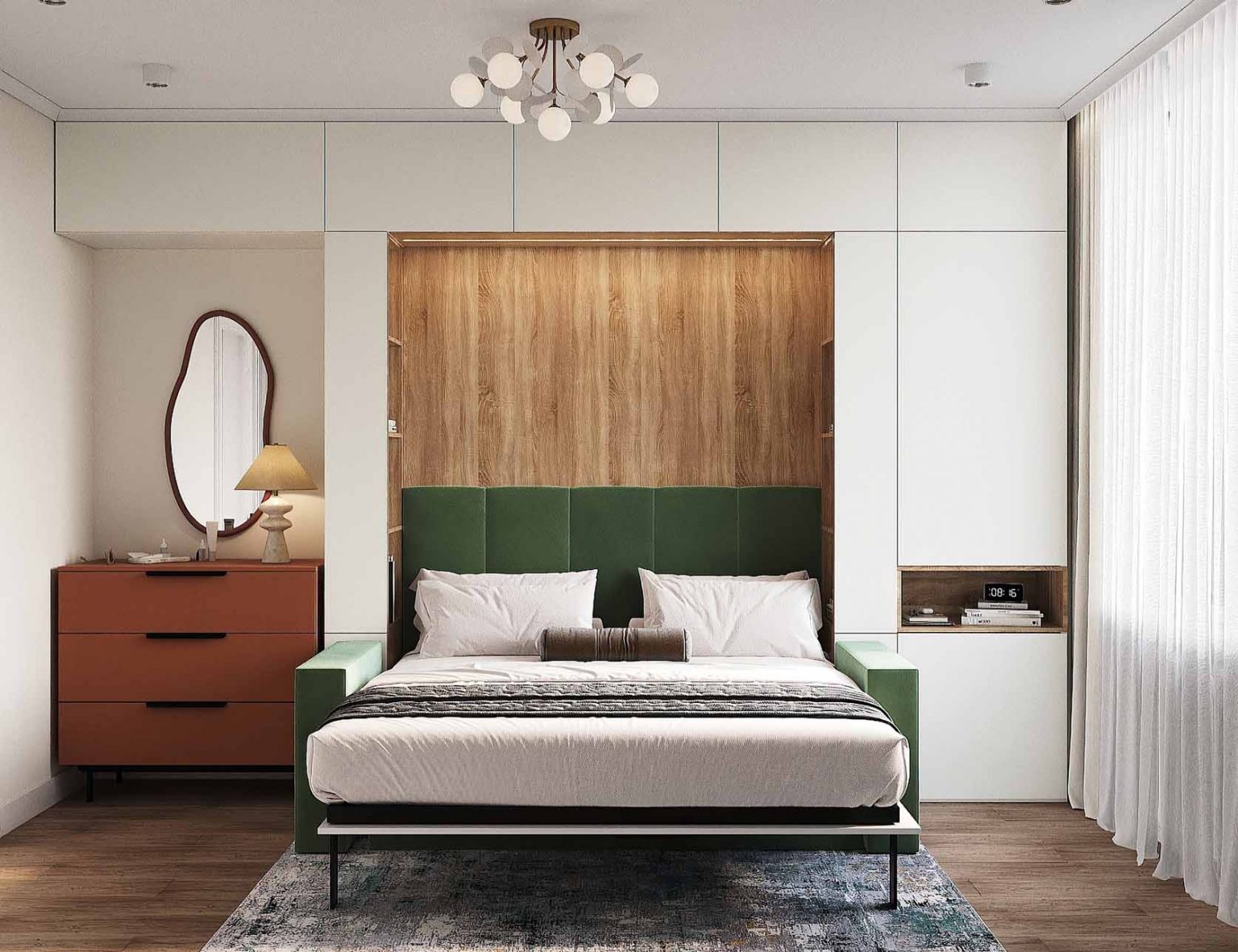 chambre avec lit escamotable armoire décoration contemporaine petit appartement 54m2 pour 4