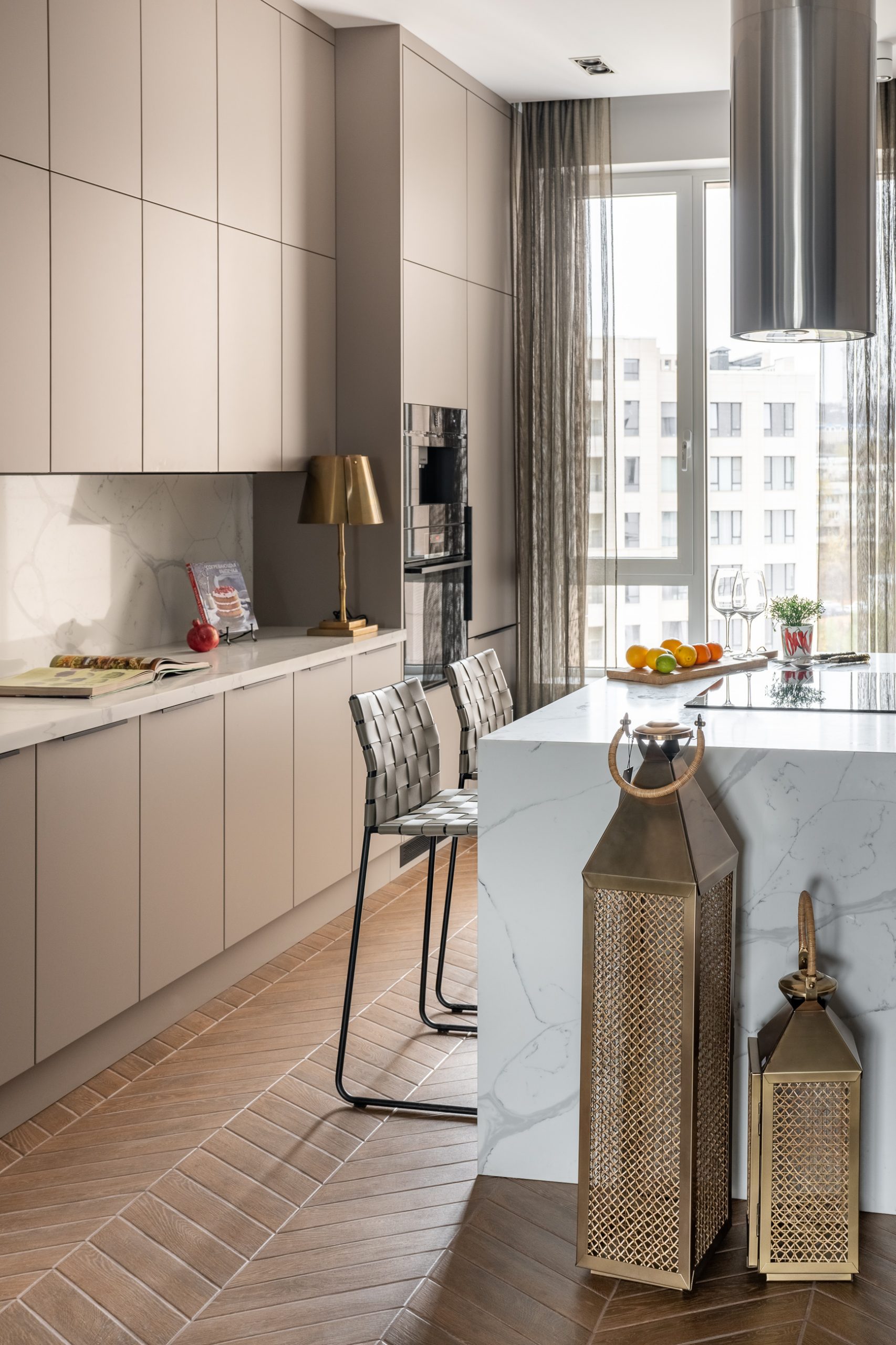 designer kitchen with marble island
