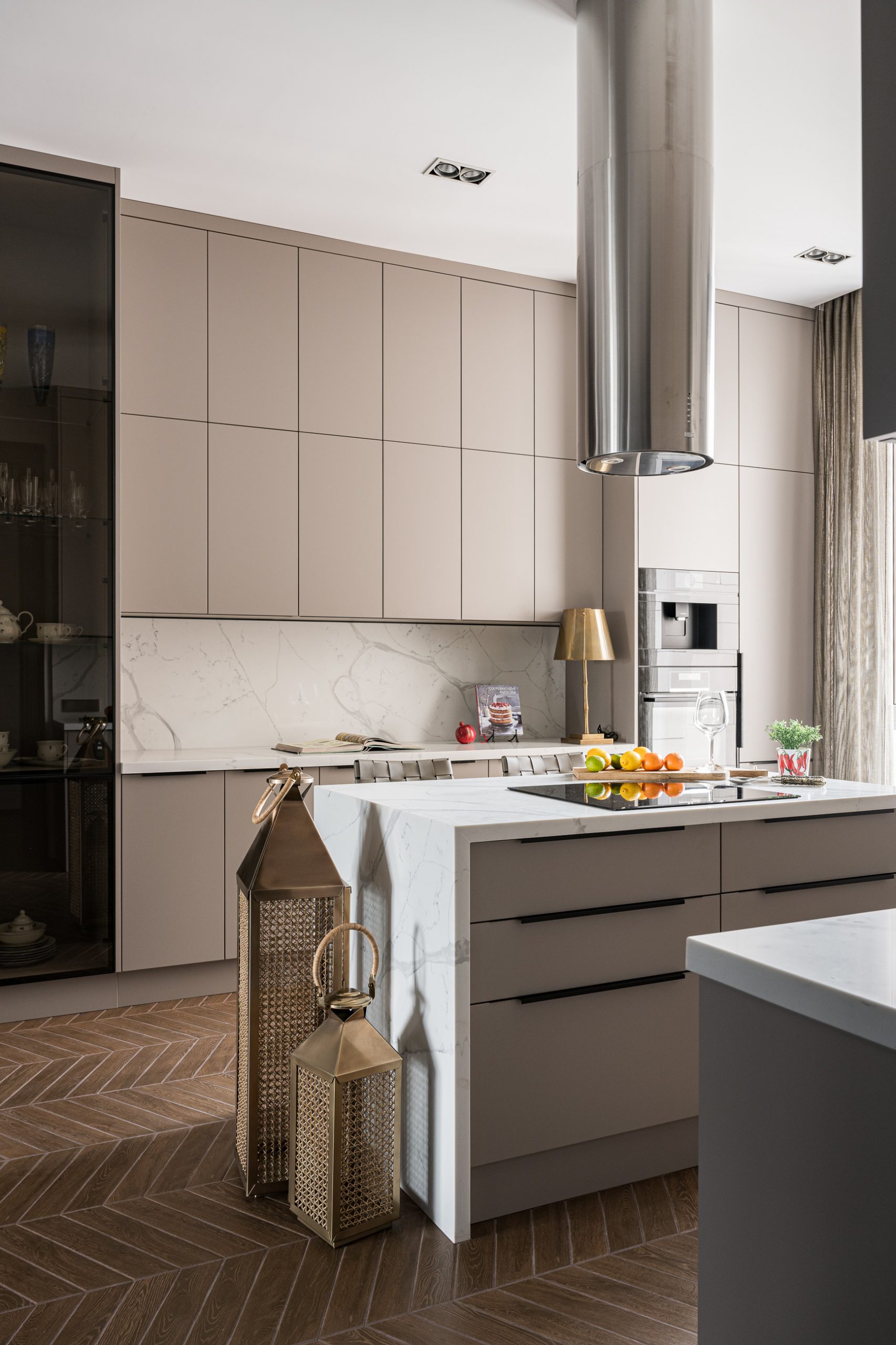 designer kitchen with marble island