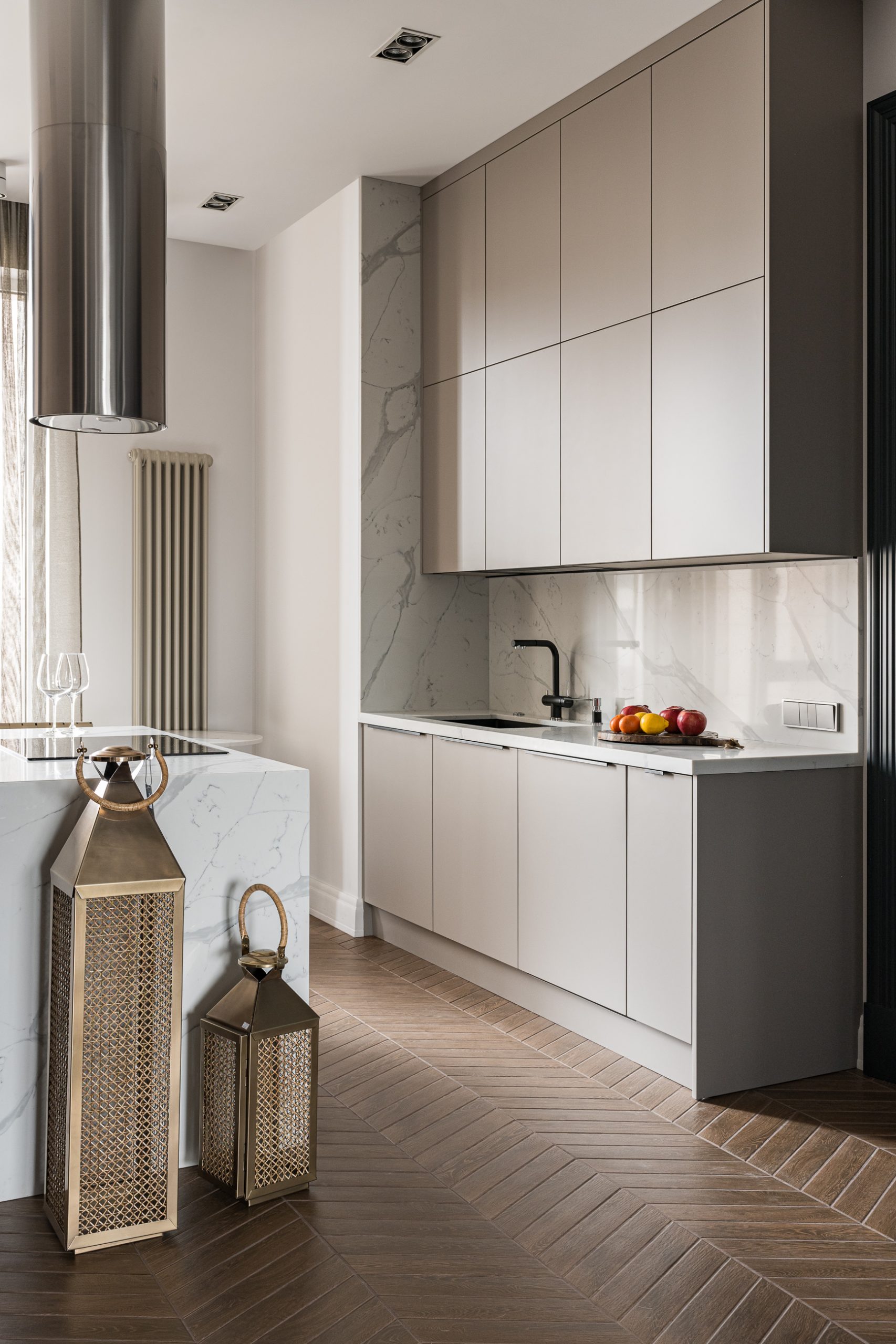 designer kitchen with marble island