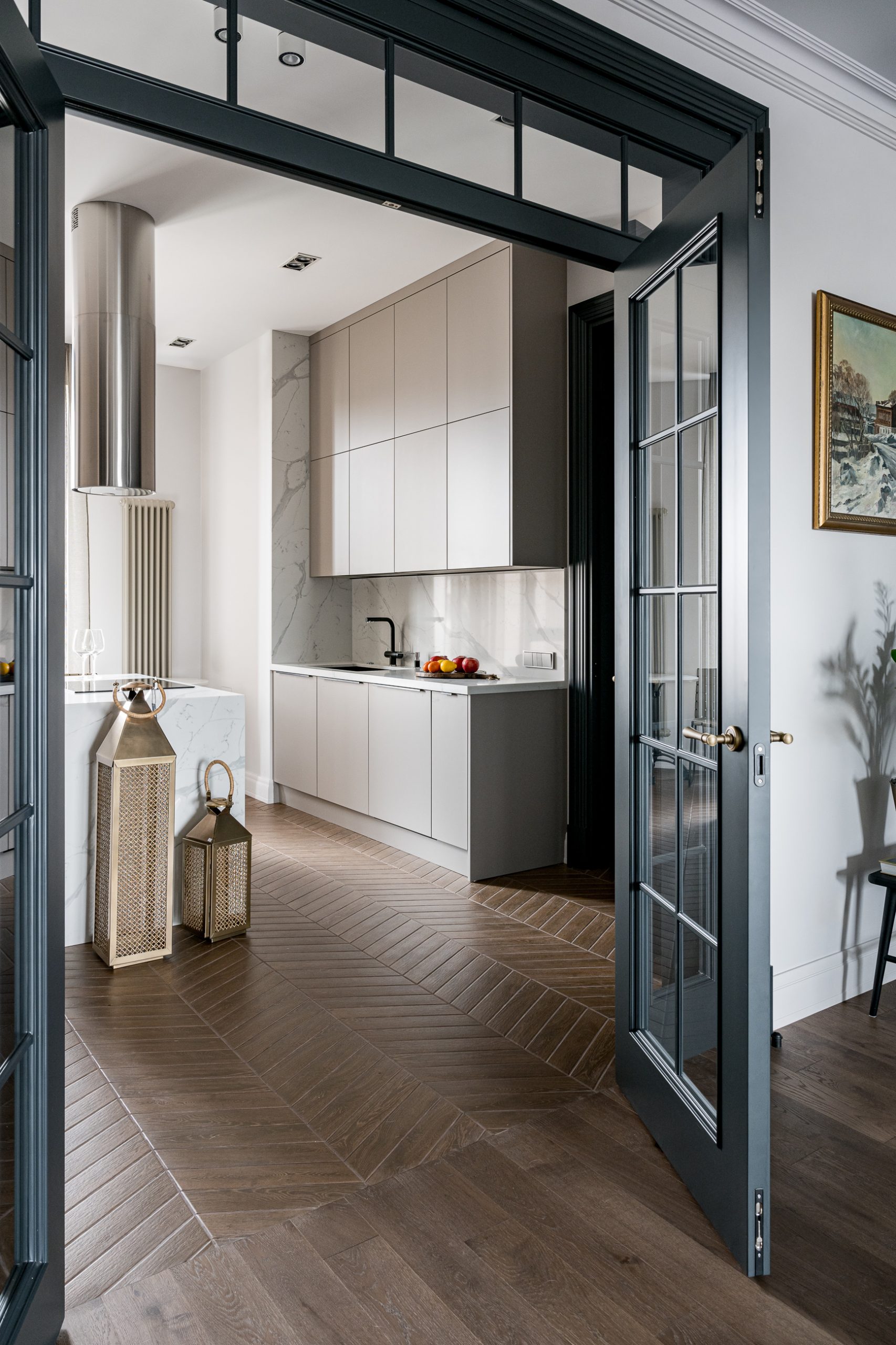 designer kitchen with marble island