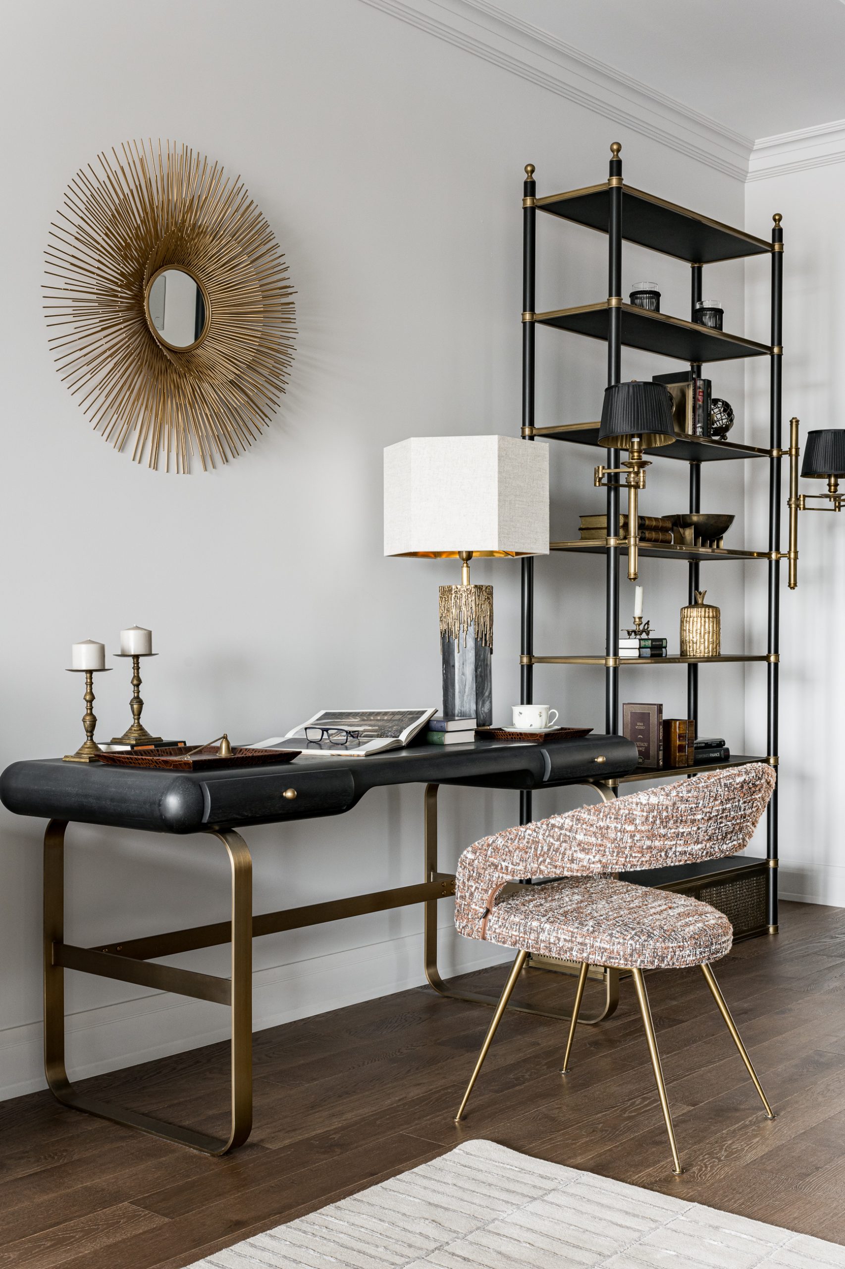 desk in classic living room black and white contemporary decor flat 