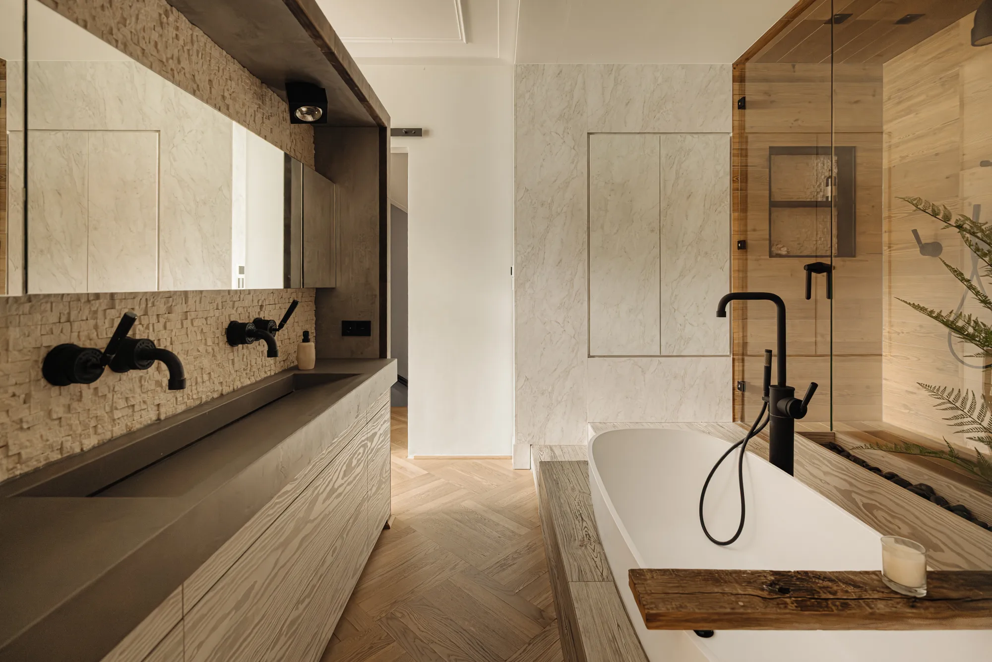 salle de bain avec baignoire îlot décoration contemporaine beige
