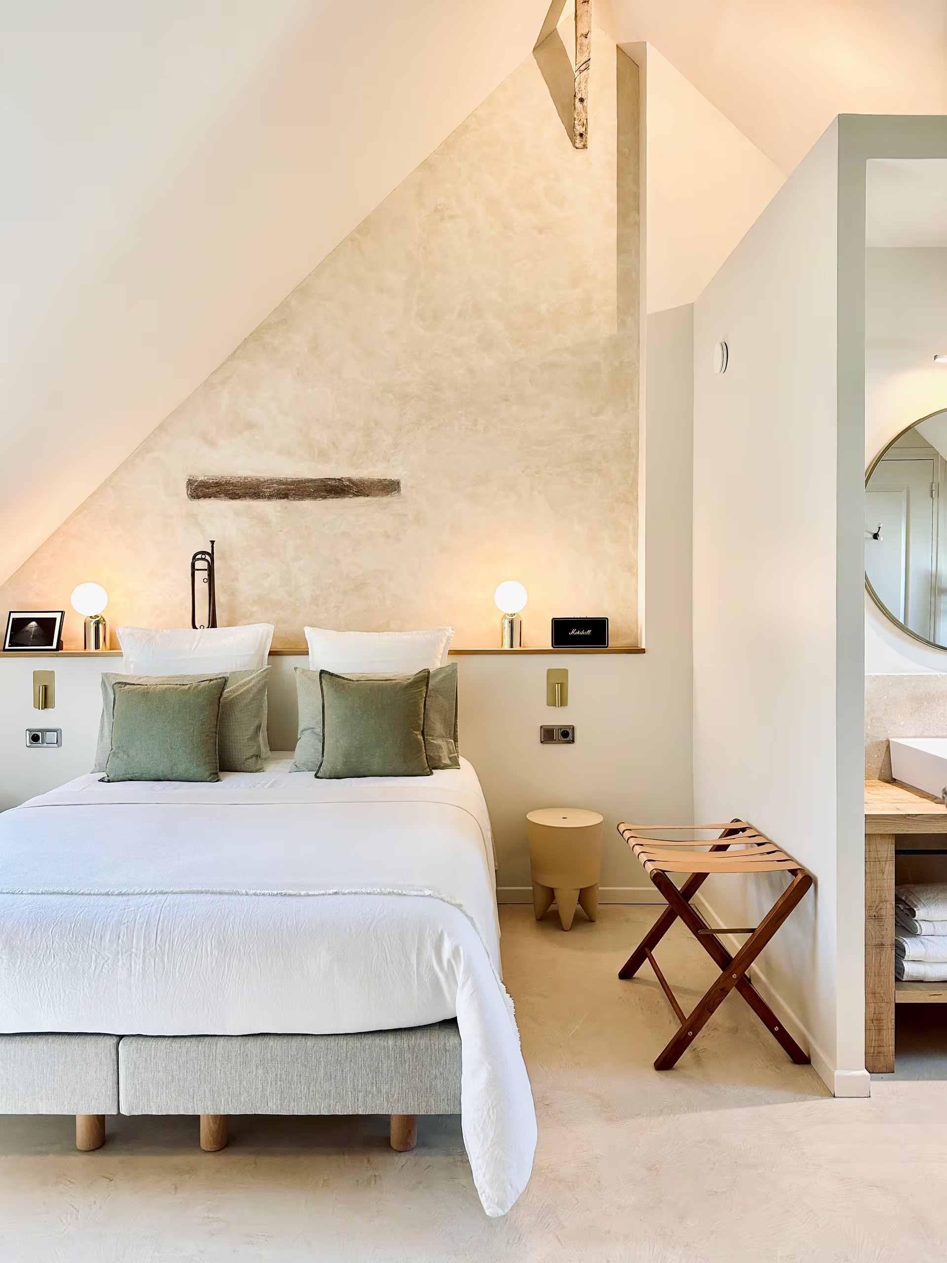attic bedroom with bathroom rustic chic decor countryside France La Clef des Champs