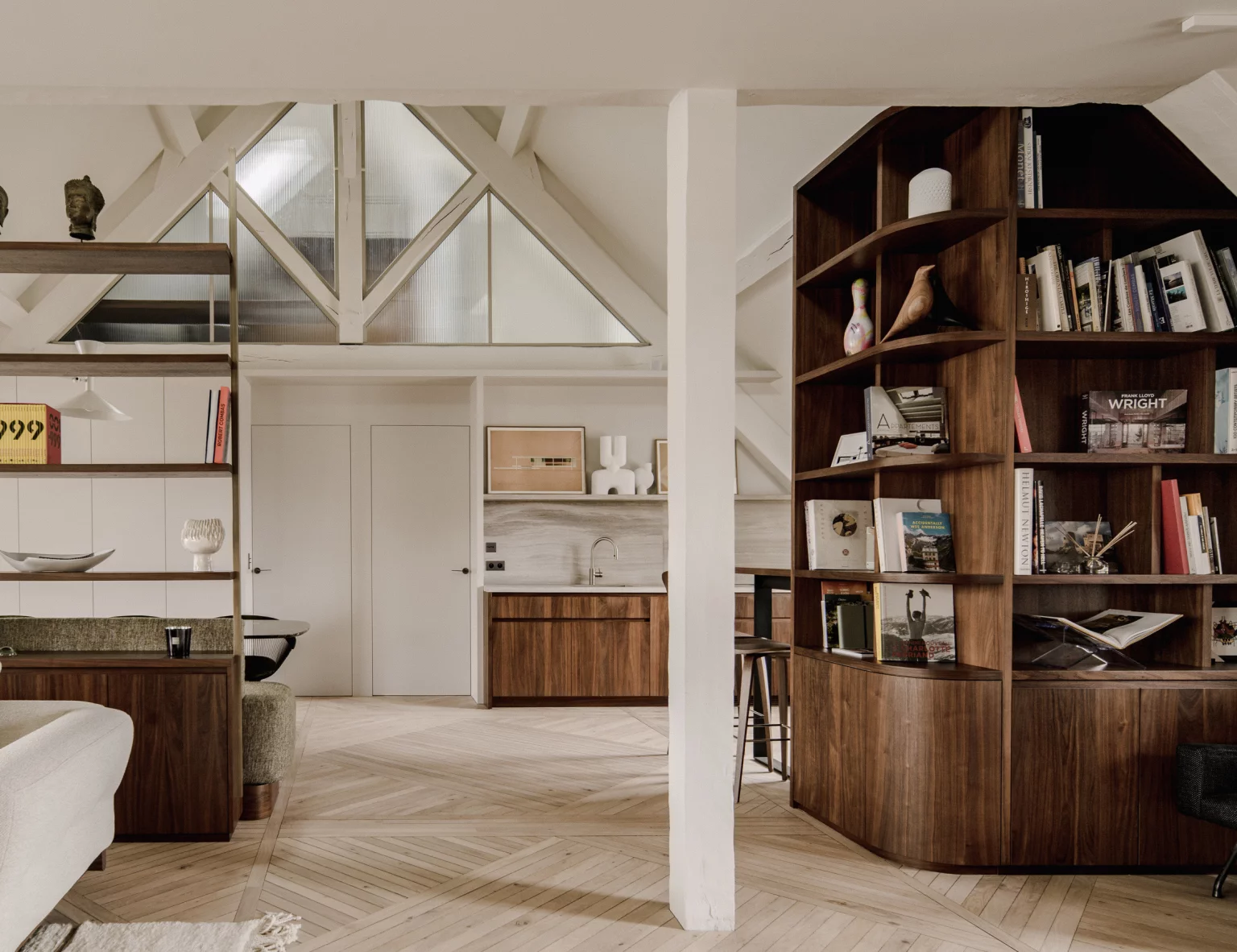 contemporary decor in a living room in an attic apartment in the Marais district of Paris contemporary decor in a living room in an attic apartment in the Marais district of Paris