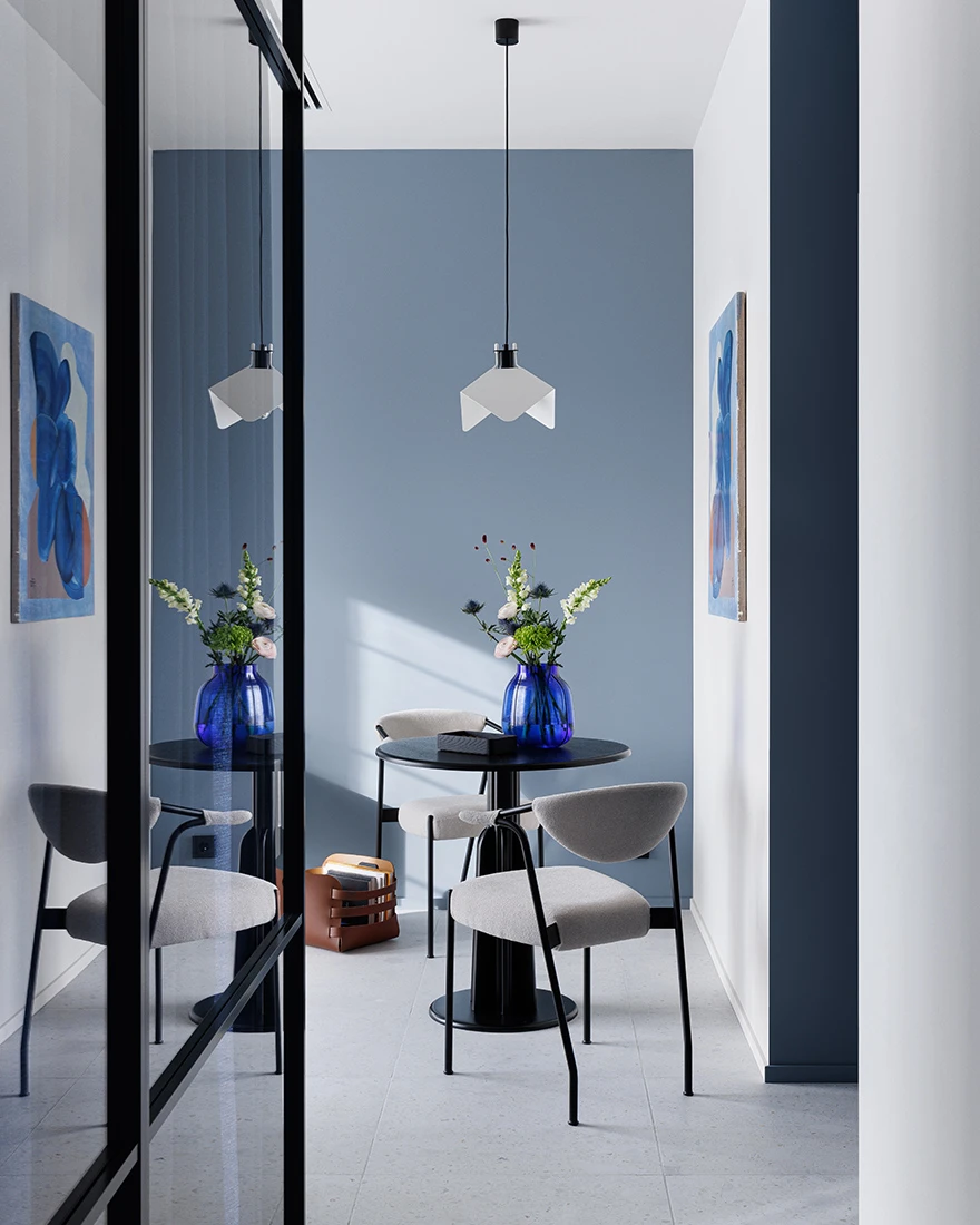 entrée et salle à manger appartement design 33m2 mur bleu