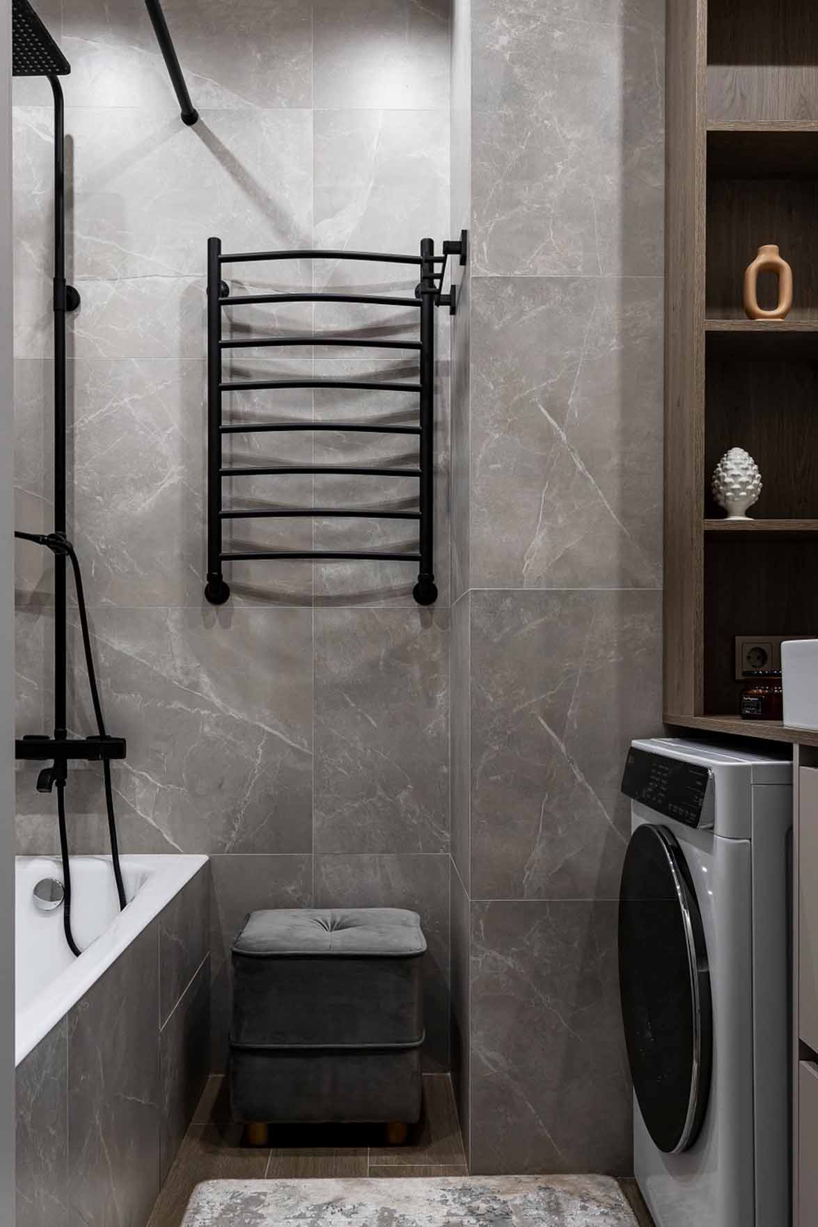 Brown and grey bathroom contemporary decor with washing machine Brown and grey bathroom contemporary decor with washing machine