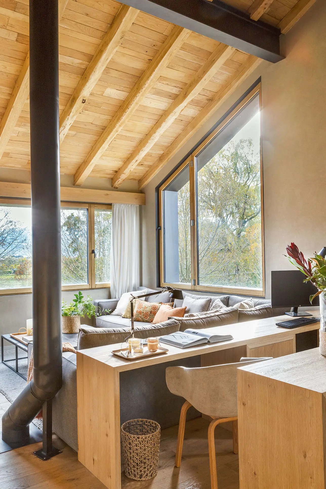 double height living room contemporary decoration wooden house Spain