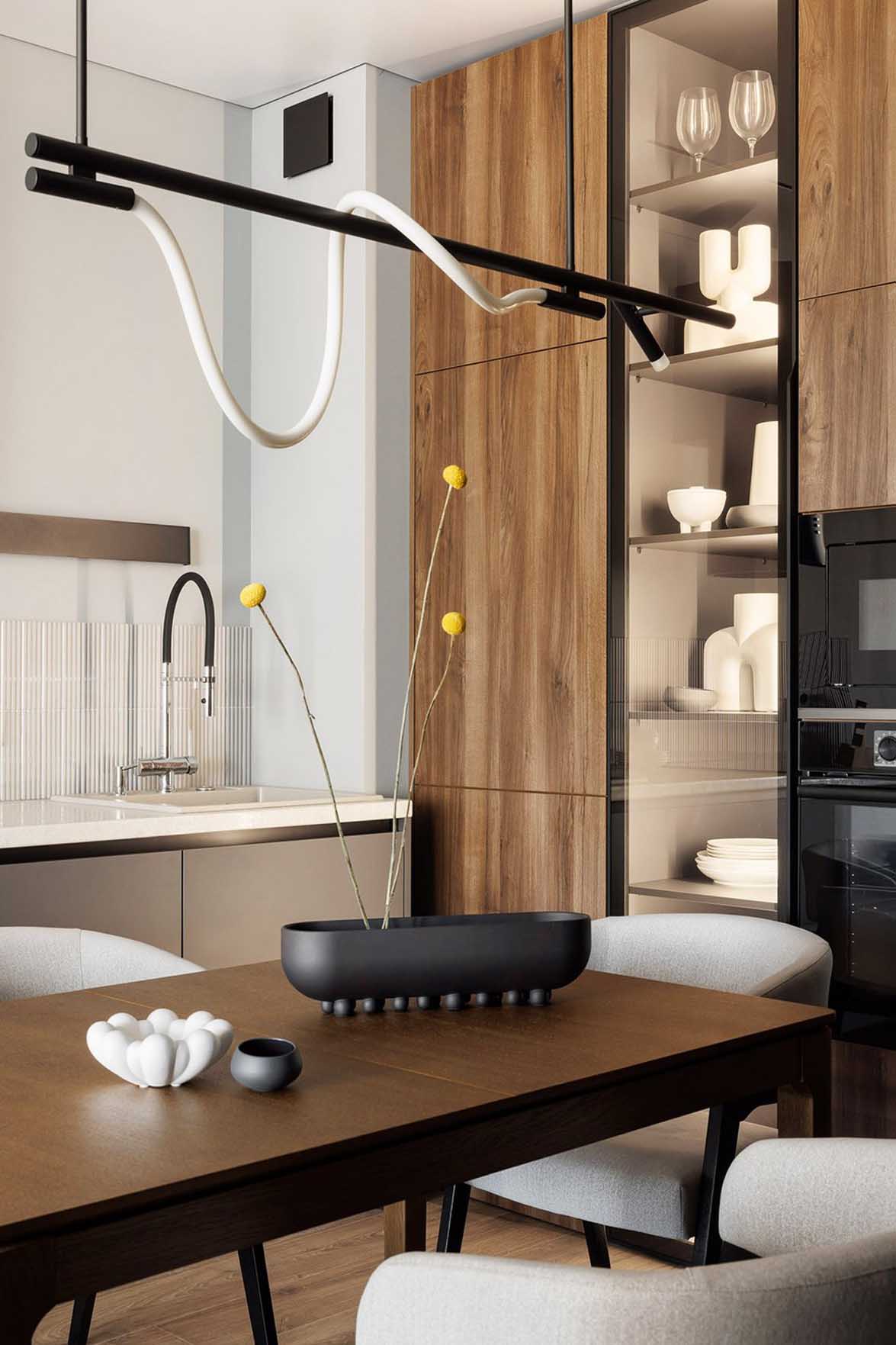 dining room and open kitchen grey and walnut contemporary decor 40sqm apartment dining room and open kitchen grey and walnut contemporary decor 40sqm apartment