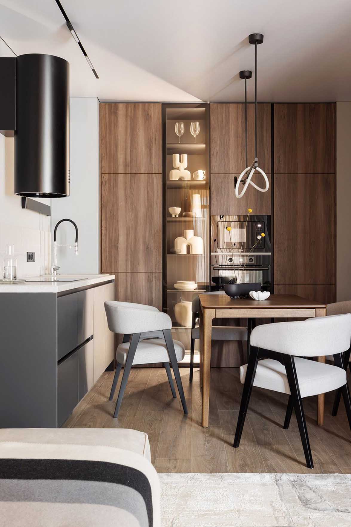 dining room and open kitchen grey and walnut contemporary decor 40sqm apartment dining room and open kitchen grey and walnut contemporary decor 40sqm apartment