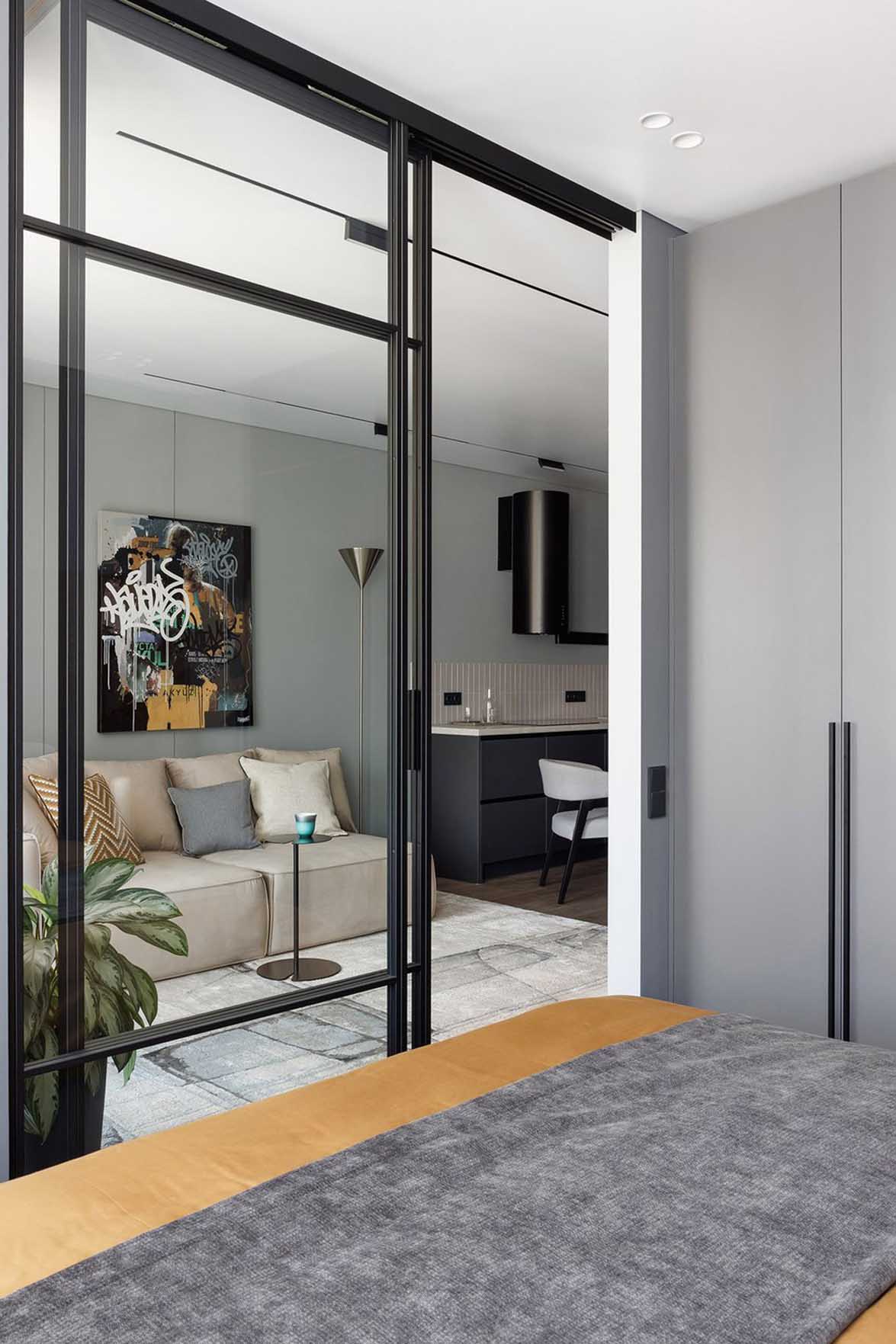living room with glass partition and bedroom contemporary decor 40sqm apartment living room with glass partition and bedroom contemporary decor 40sqm apartment
