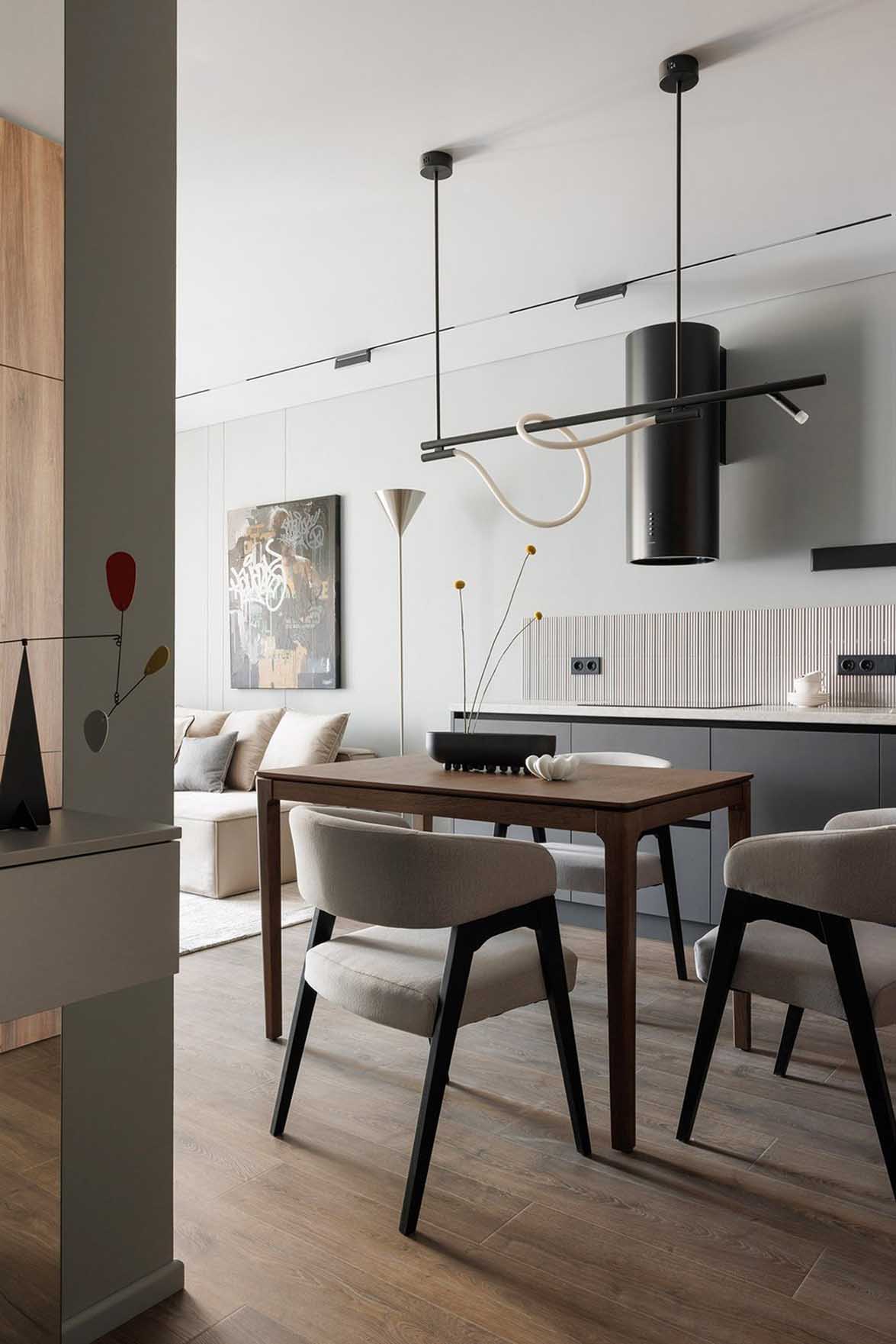 living room and open kitchen grey and walnut contemporary decor 40sqm apartment living room and open kitchen grey and walnut contemporary decor 40sqm apartment