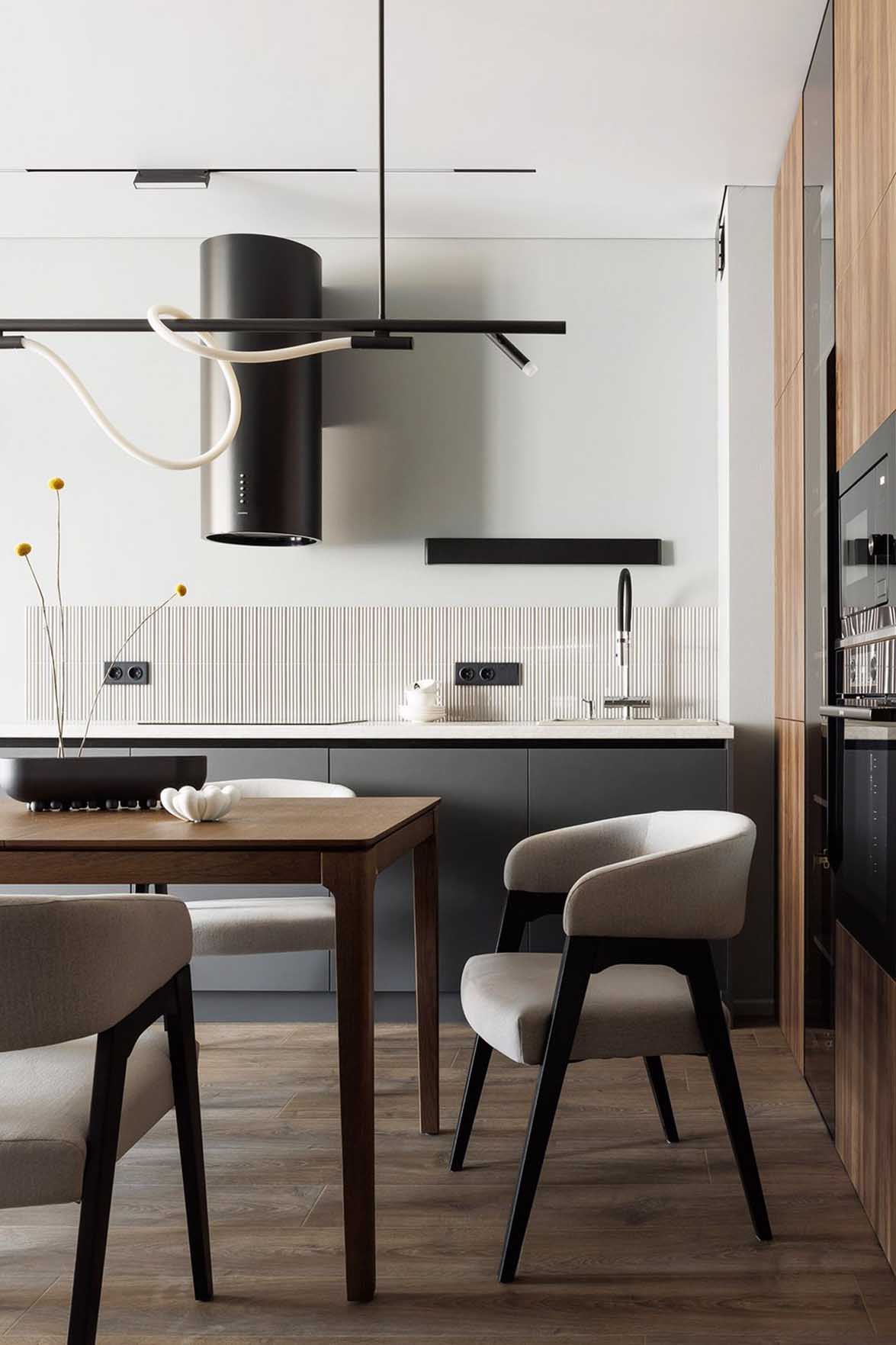 dining room and open kitchen grey and walnut contemporary decor 40sqm apartment dining room and open kitchen grey and walnut contemporary decor 40sqm apartment
