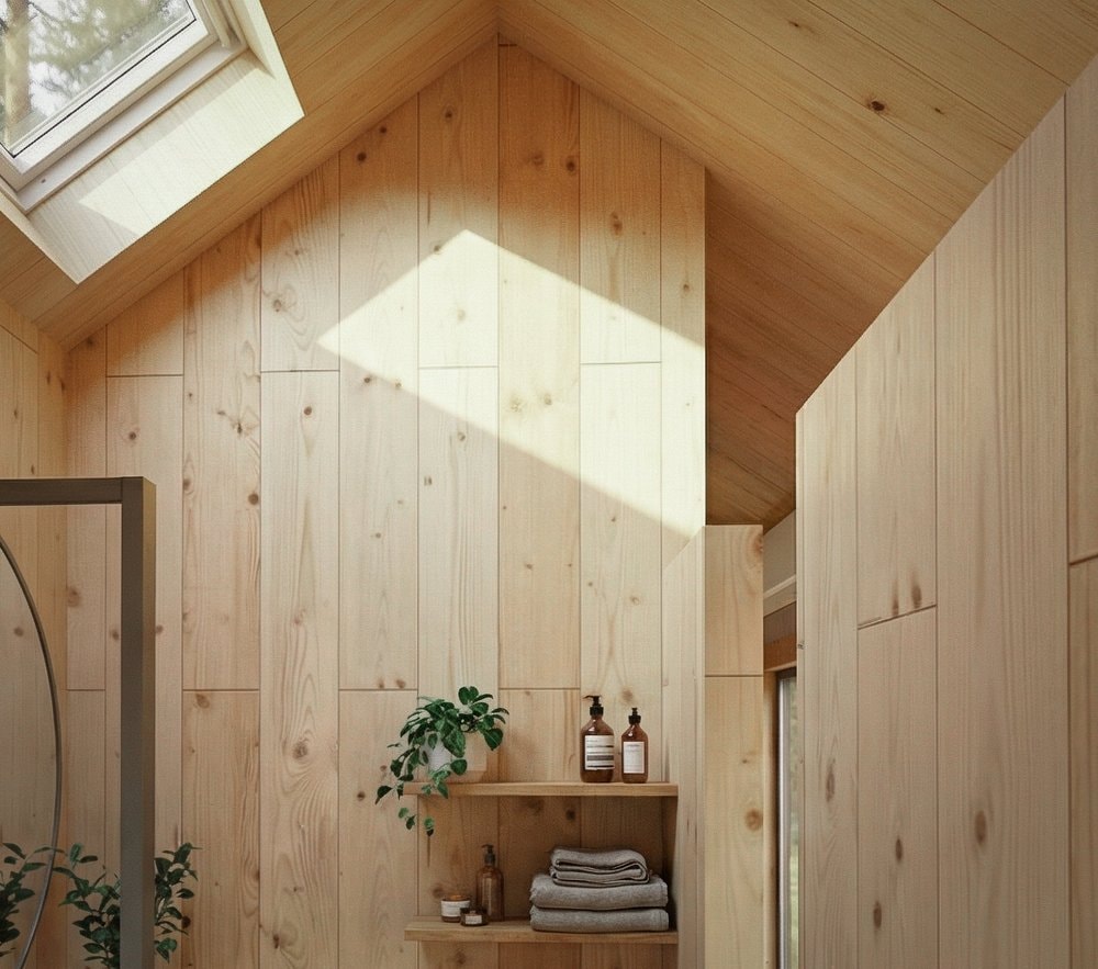 salle de bain avec velux et murs de bois salle de bain avec velux et murs de bois