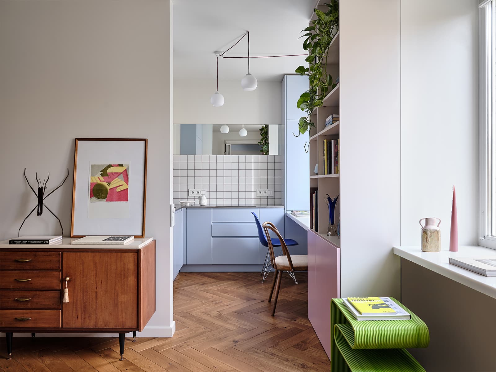 salon et cuisine bleue deux-pièces 38m2