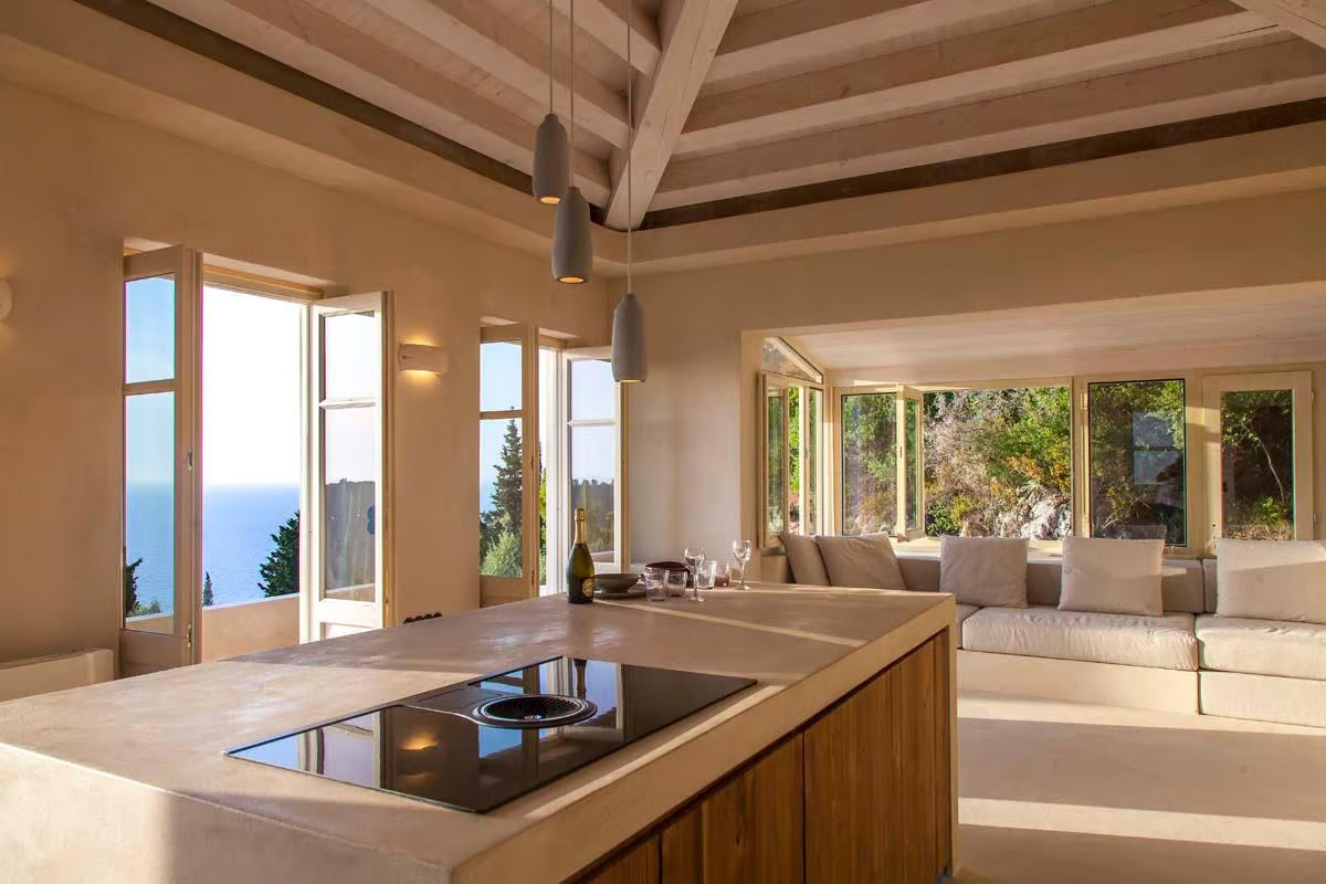 kitchen and living room contemporary house Greece with pool Agios Nikitas