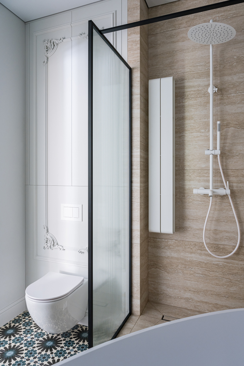 salle de bain design avec moulures et sol marbre et carreaux de ciment décoration éclectique et contemporaine salle de bain design avec moulures et sol marbre et carreaux de ciment décoration éclectique et contemporaine
