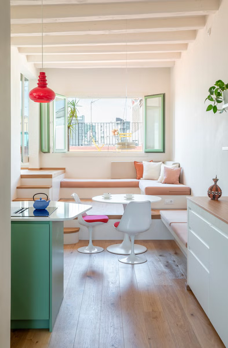 Green kitchen and dining room, designer apartment, 50m2, Barcelona