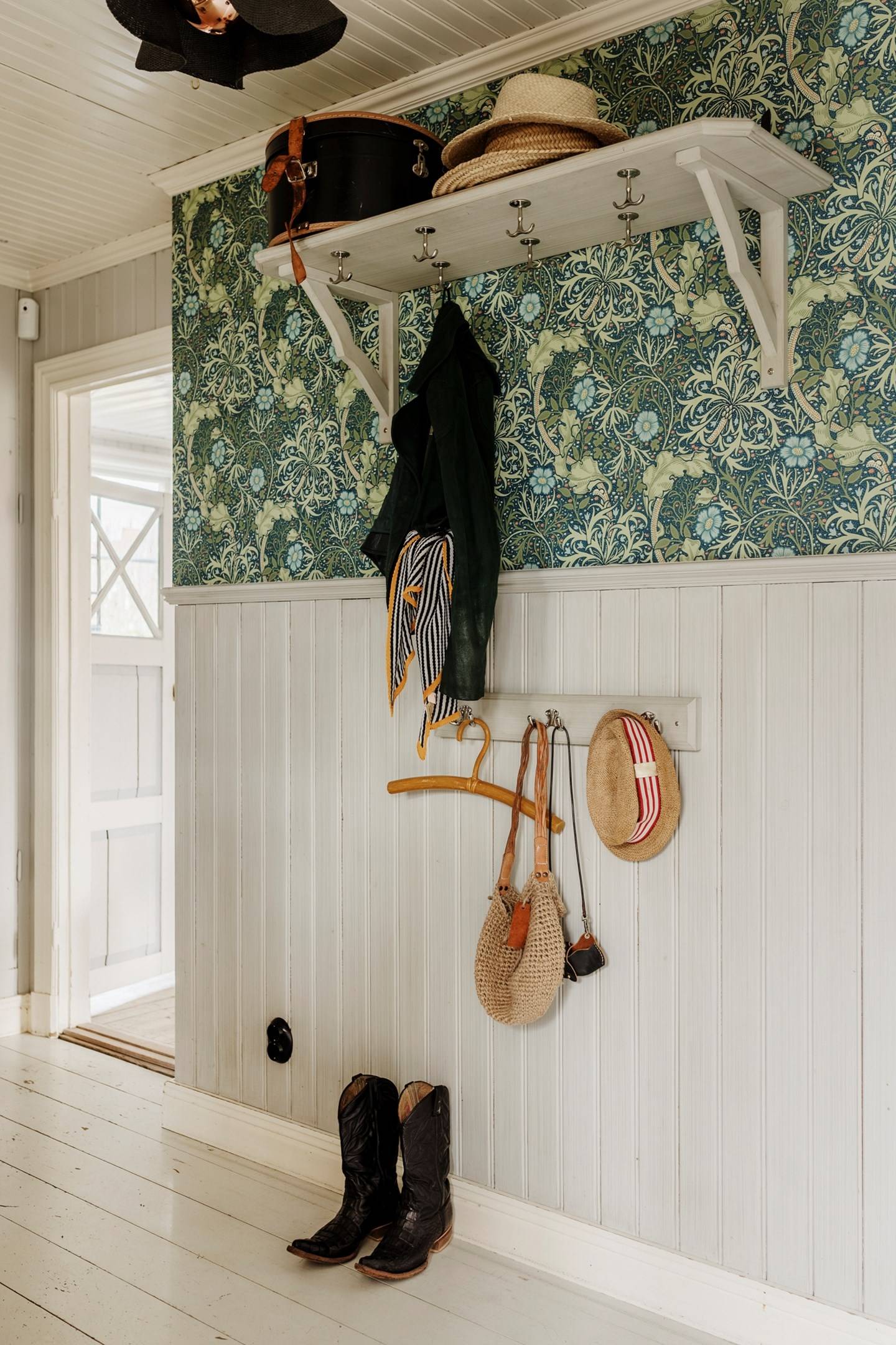 entrance with William Morris green wallpaper entrance with William Morris green wallpaper