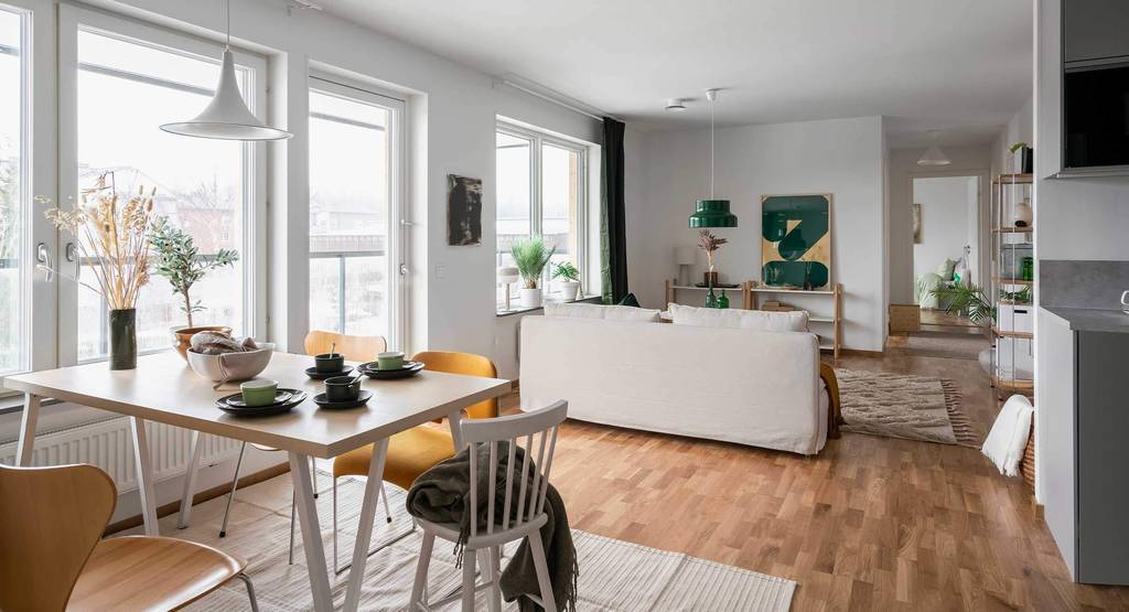 dining room and living room 87sqm apartment scandinavian decor with yellow and green accents