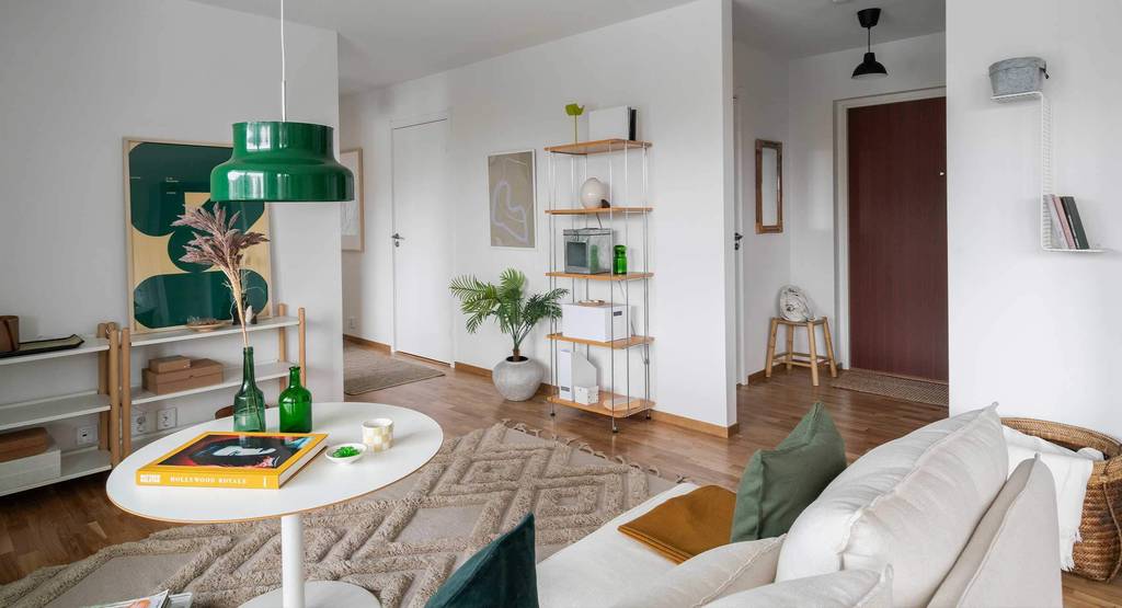 living room 87sqm apartment scandinavian decor with yellow and green accents
