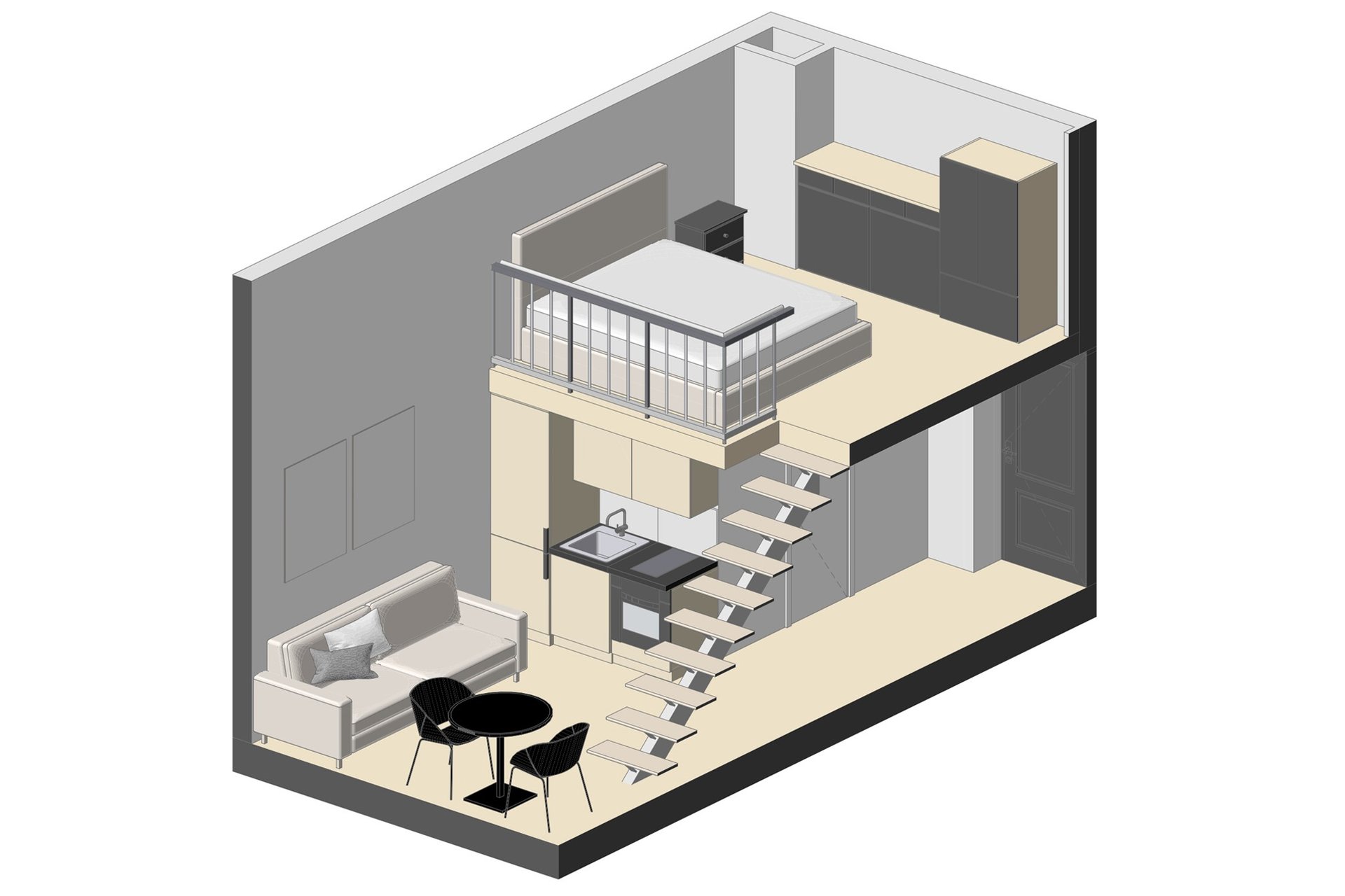 plan 3D studio 20m2 avec mezzanine plan 3D studio 20m2 avec mezzanine