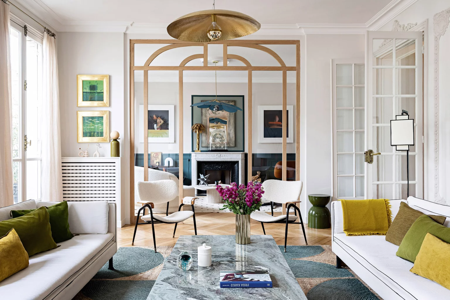 living room with fireplace and glass partition apartment in Paris contemporary decor