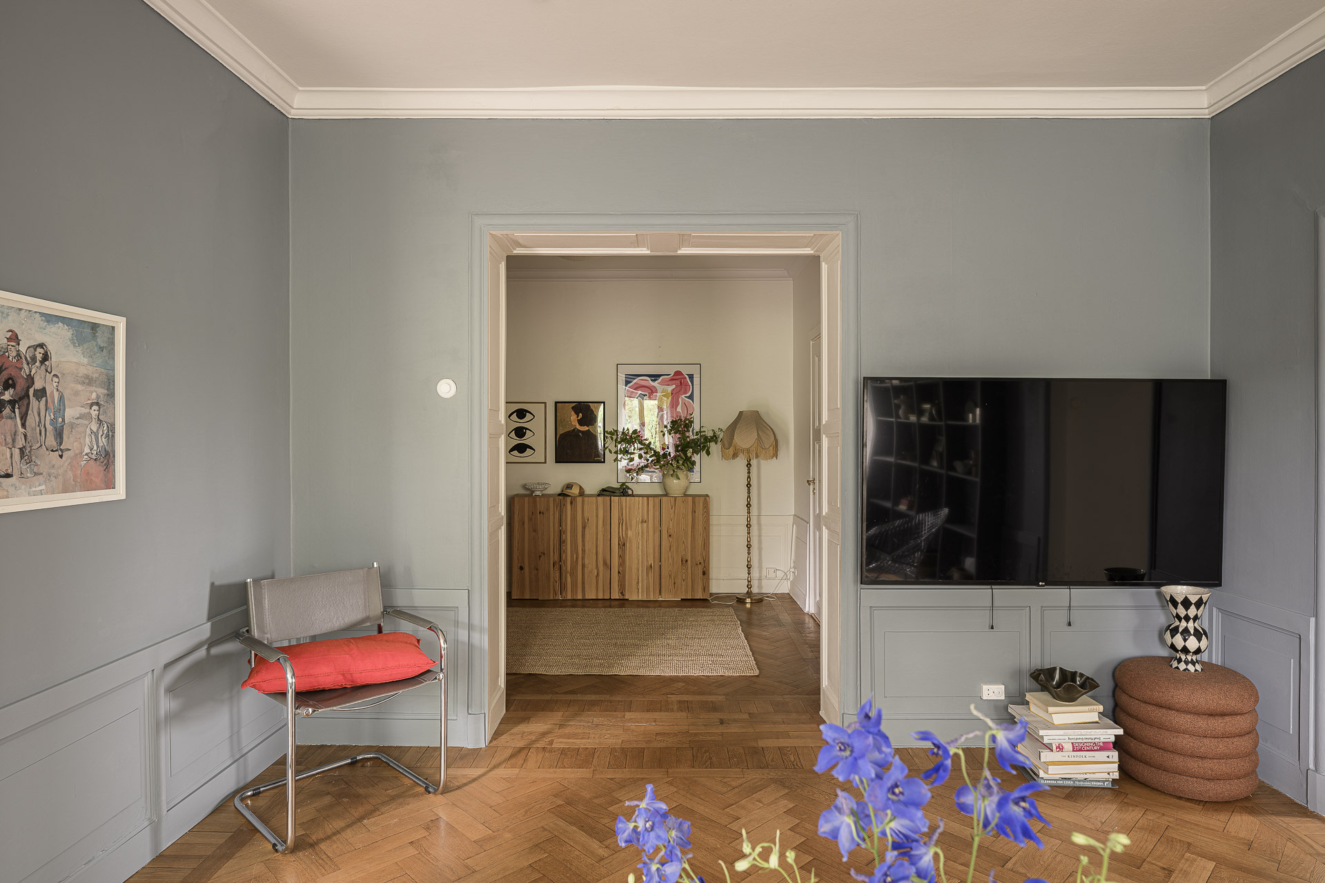 living room with grey blue walls Scandinavian decor in a period Swedish interior living room with grey blue walls Scandinavian decor in a period Swedish interior