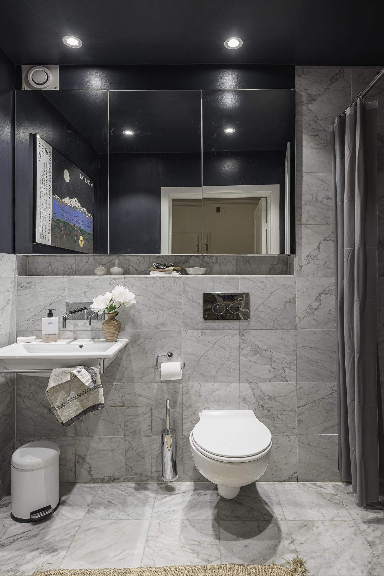 bathroom with grey marble and black ceiling period apartment Sweden bathroom with grey marble and black ceiling period apartment Sweden