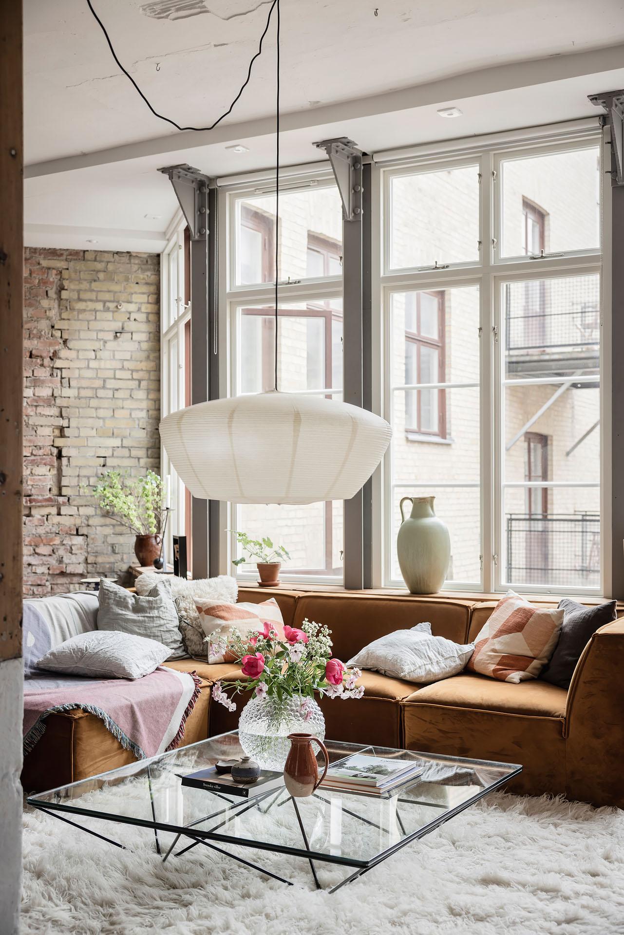 living room with bricks and beams 80sqm apartment Scandinavian decor living room with bricks and beams 80sqm apartment Scandinavian decor