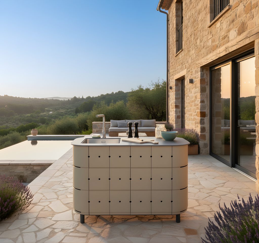 terrasse avec piscine et cuisines d'extérieur ALUVY