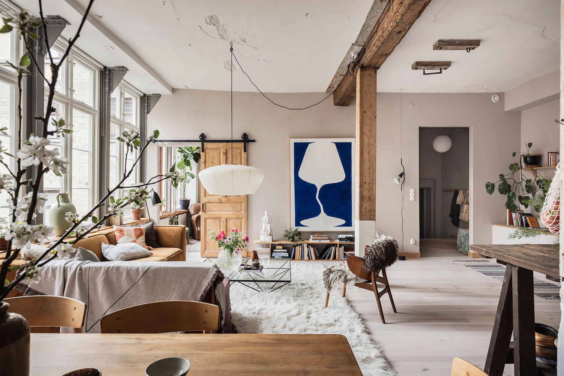 living room with bricks and beams 80sqm apartment Scandinavian decor living room with bricks and beams 80sqm apartment Scandinavian decor