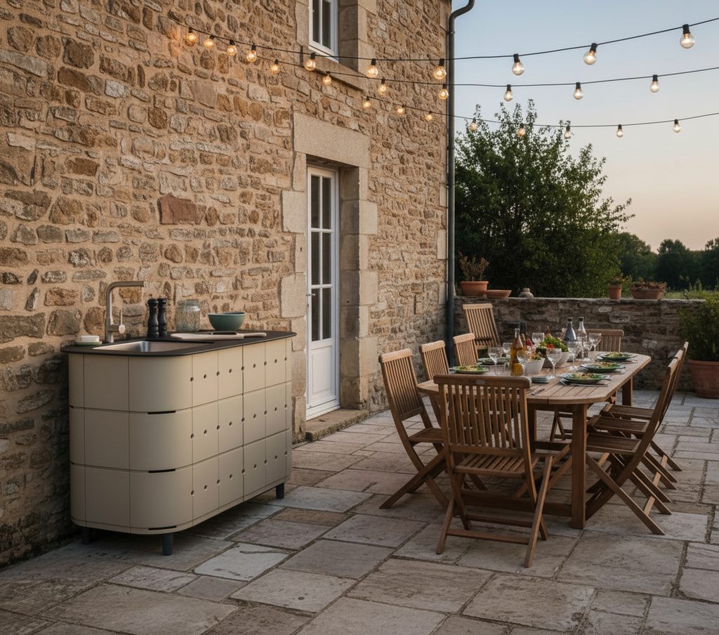 terrasse maison en pierres avec cuisines d'extérieur ALUVY